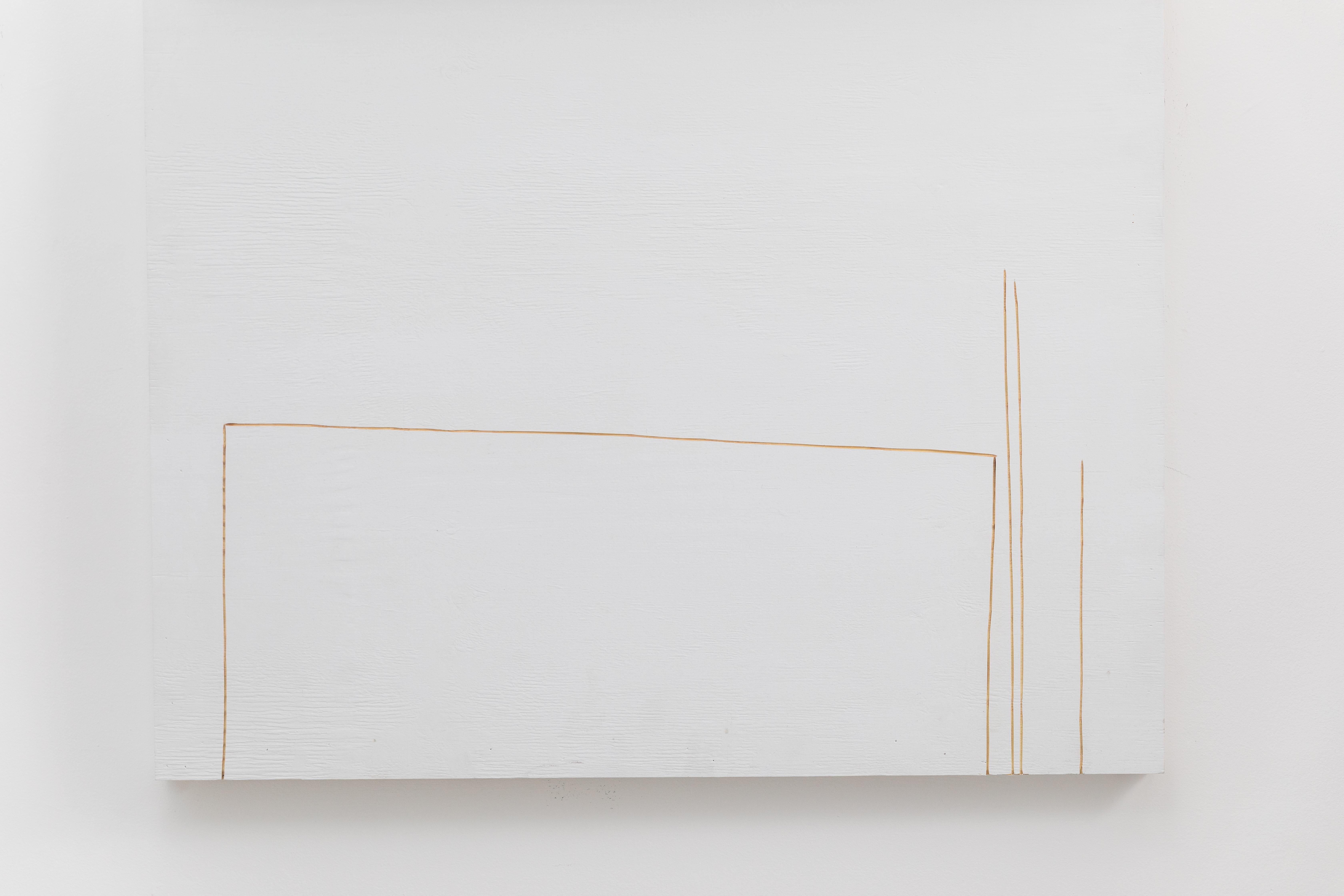 Rurak’s Portland white paintings have a Minimalist confidence. Simple white boards are impulsively etched with groups of lines and forms familiar in his lexicon of imagery. The etching, which also appears in his Steel Paintings and much of his