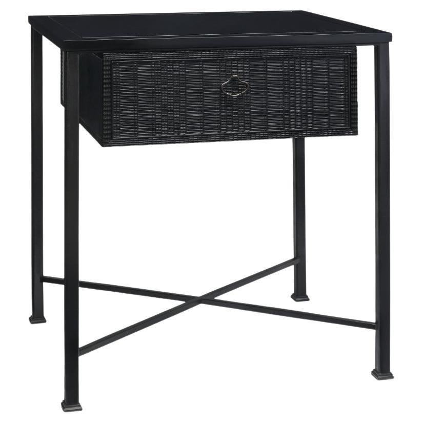Porto night stand with iron base and wood drawer with dutch moldings decor