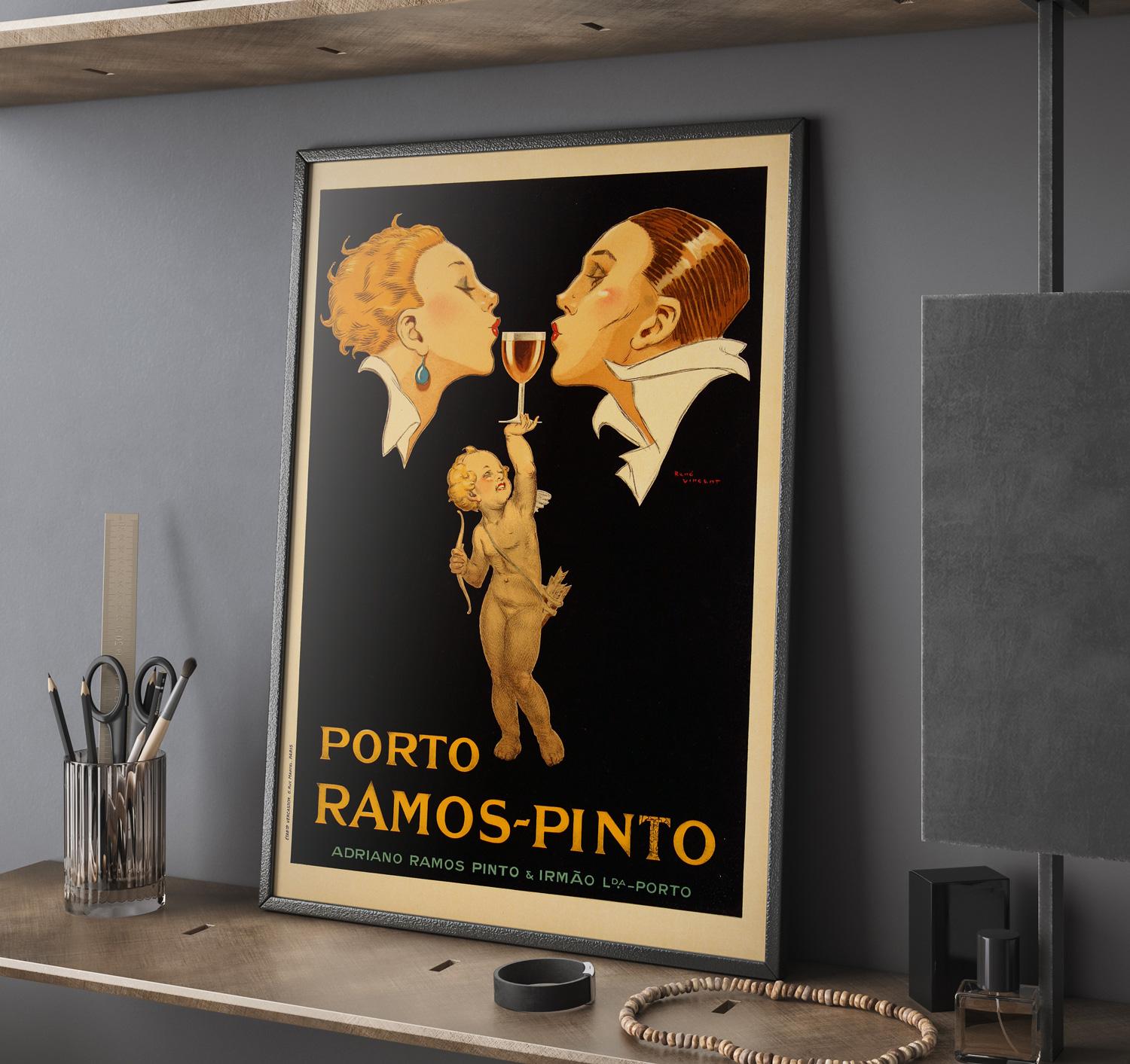 Original vintage French Porto Ramos advertising poster from circa 1920. Founded by Adriano Ramos Pinto in 1880, Casa Ramos Pinto soon made itself known for its innovative and pioneering strategy.

As illustrated by this poster featuring the iconic