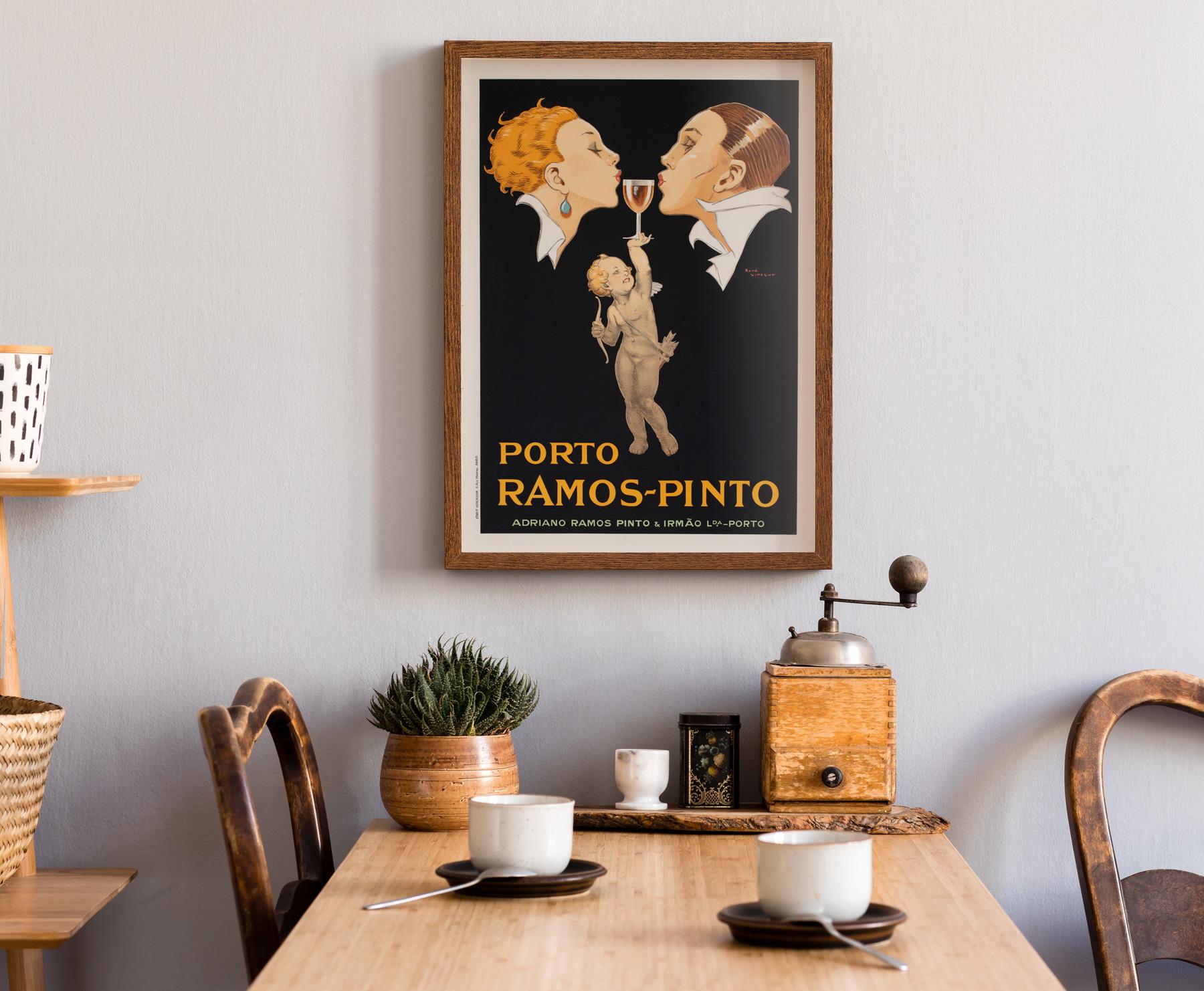 Original vintage French Porto Ramos advertising poster from circa 1920. Founded by Adriano Ramos Pinto in 1880, Casa Ramos Pinto soon made itself known for its innovative and pioneering strategy.

As illustrated by this poster featuring the iconic