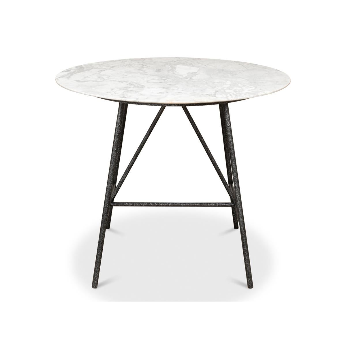 With a round Italian marble top on an iron base in a black finish. 

A clean and modern European style cafe style table.

Dimensions: 36