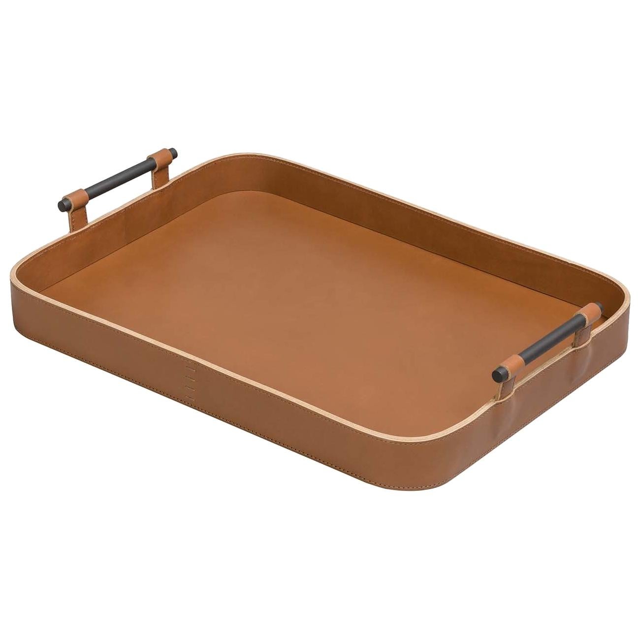 Bandeja rectangular grande Portofino de piel coñac