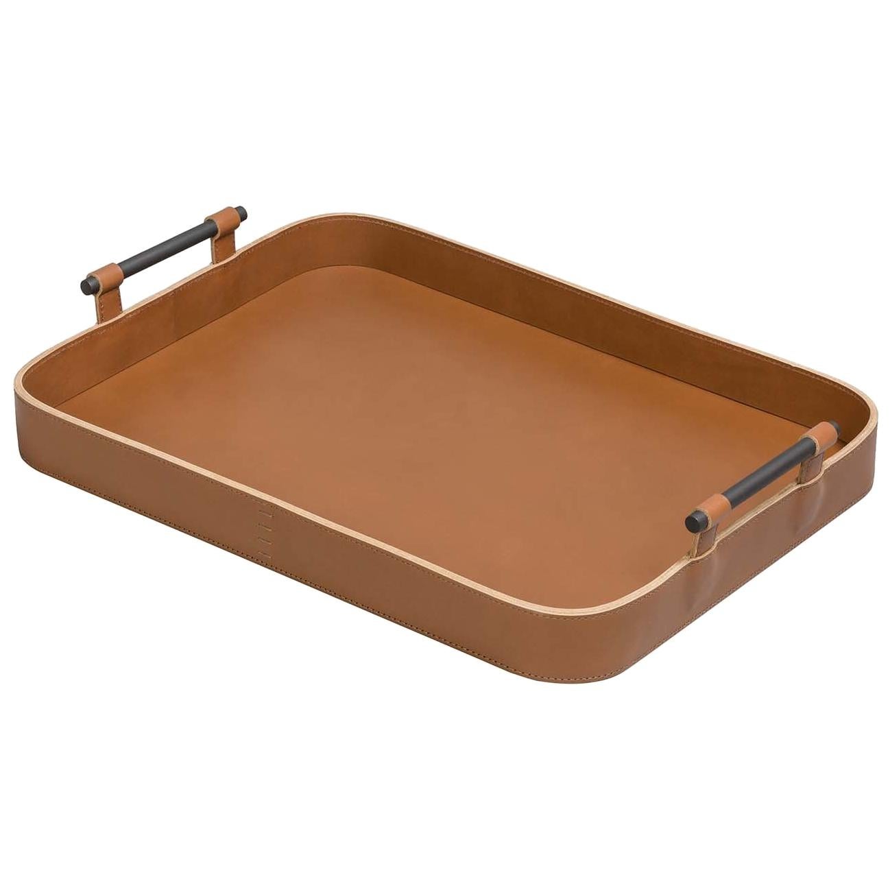 Grand plateau rectangulaire Portofino en cuir cognac en vente