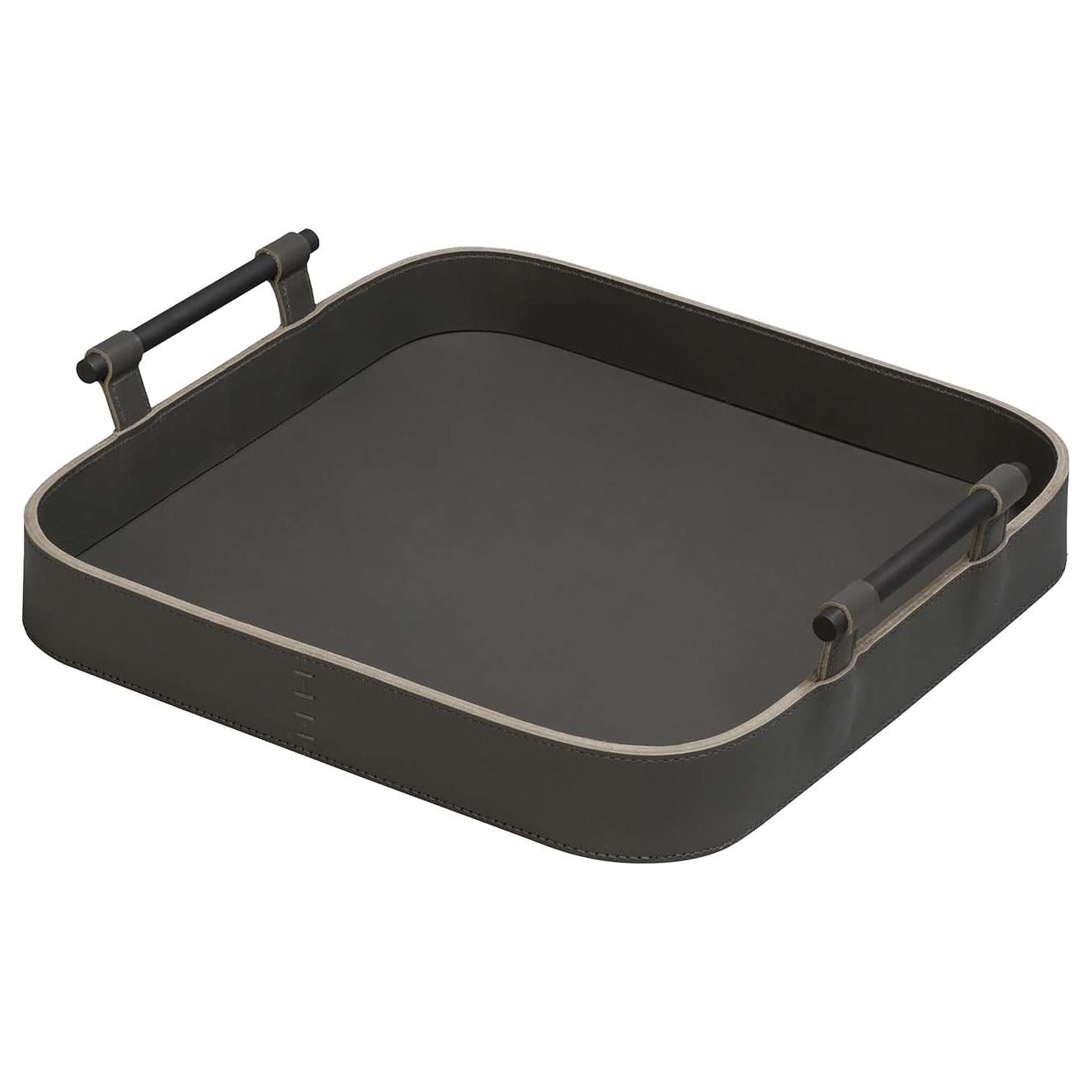 Portofino Large Square Tray in Black Leather For Sale