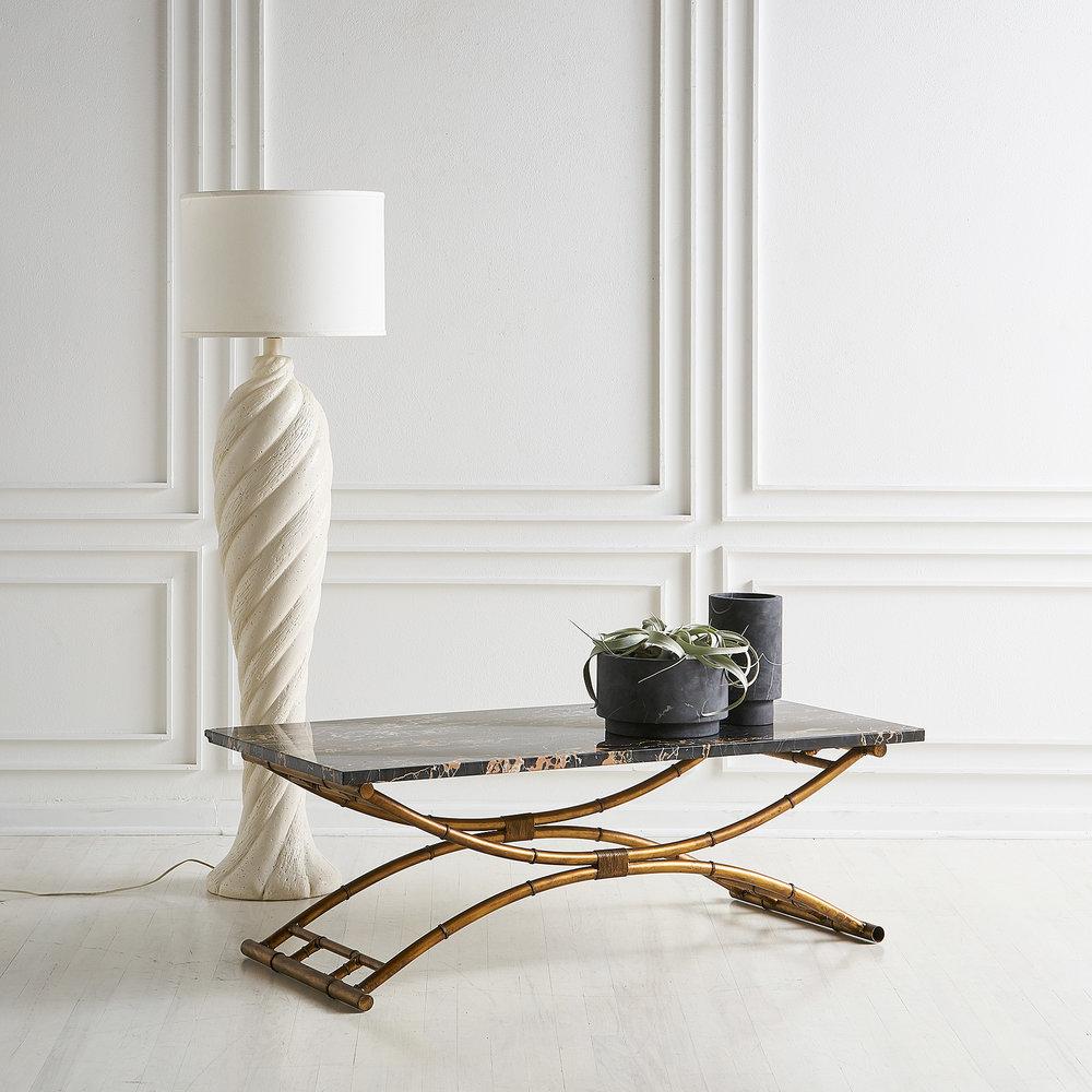 Hollywood Regency Portoro Black Marble Coffee Table with Gold Bamboo Base