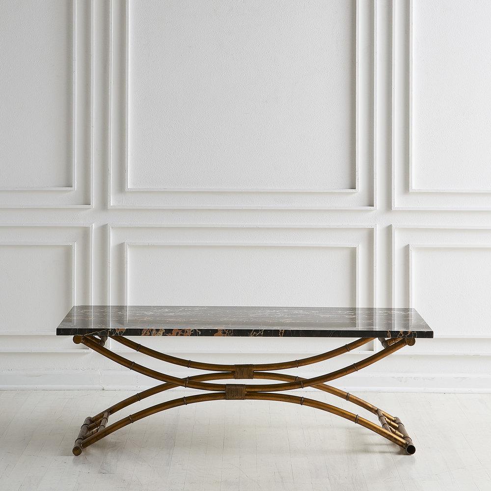 Portoro Black Marble Coffee Table with Gold Bamboo Base In Good Condition In Chicago, IL