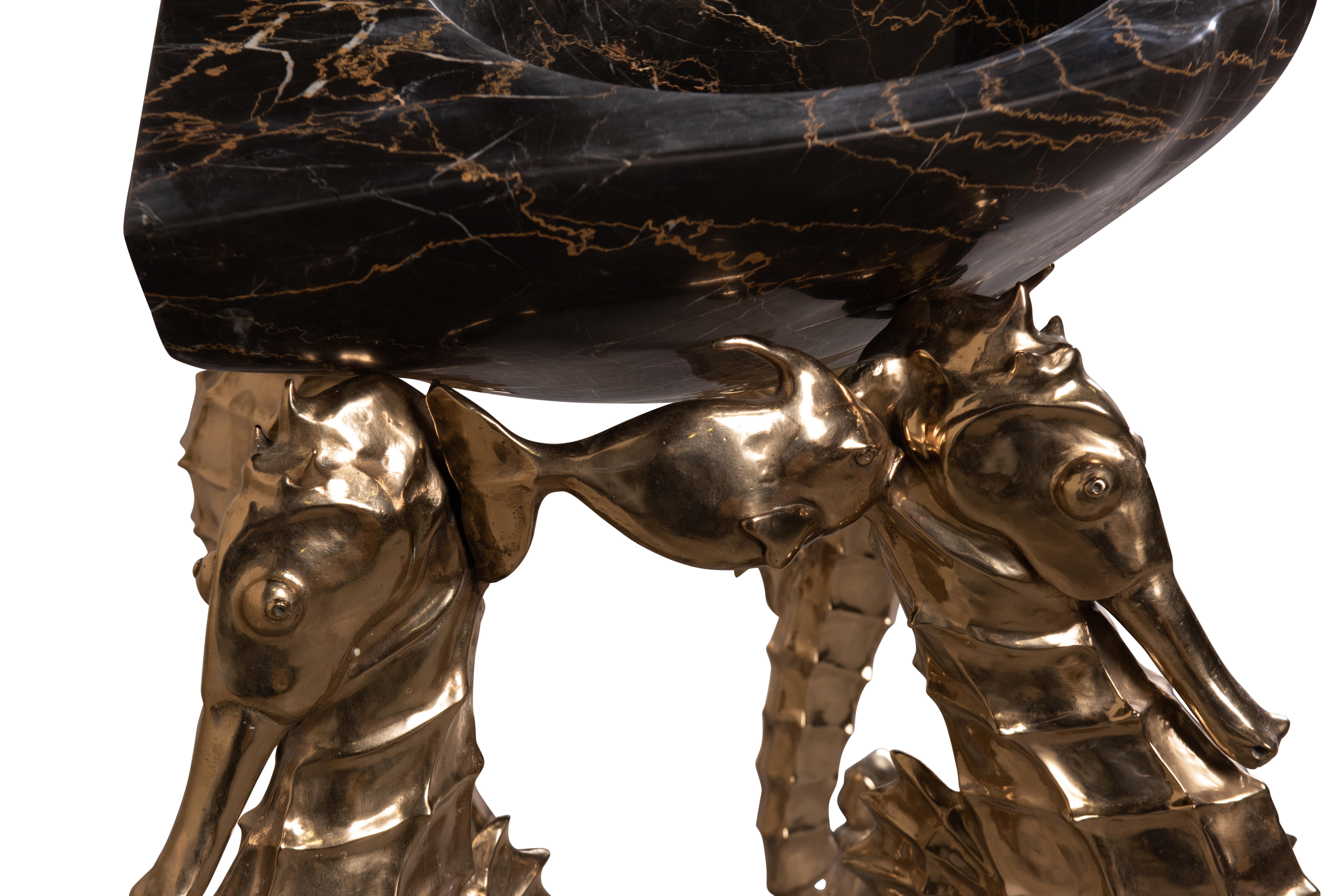 Hollywood Regency Portoro Marble Basin with Polished Bronze Seahorse Legs   For Sale