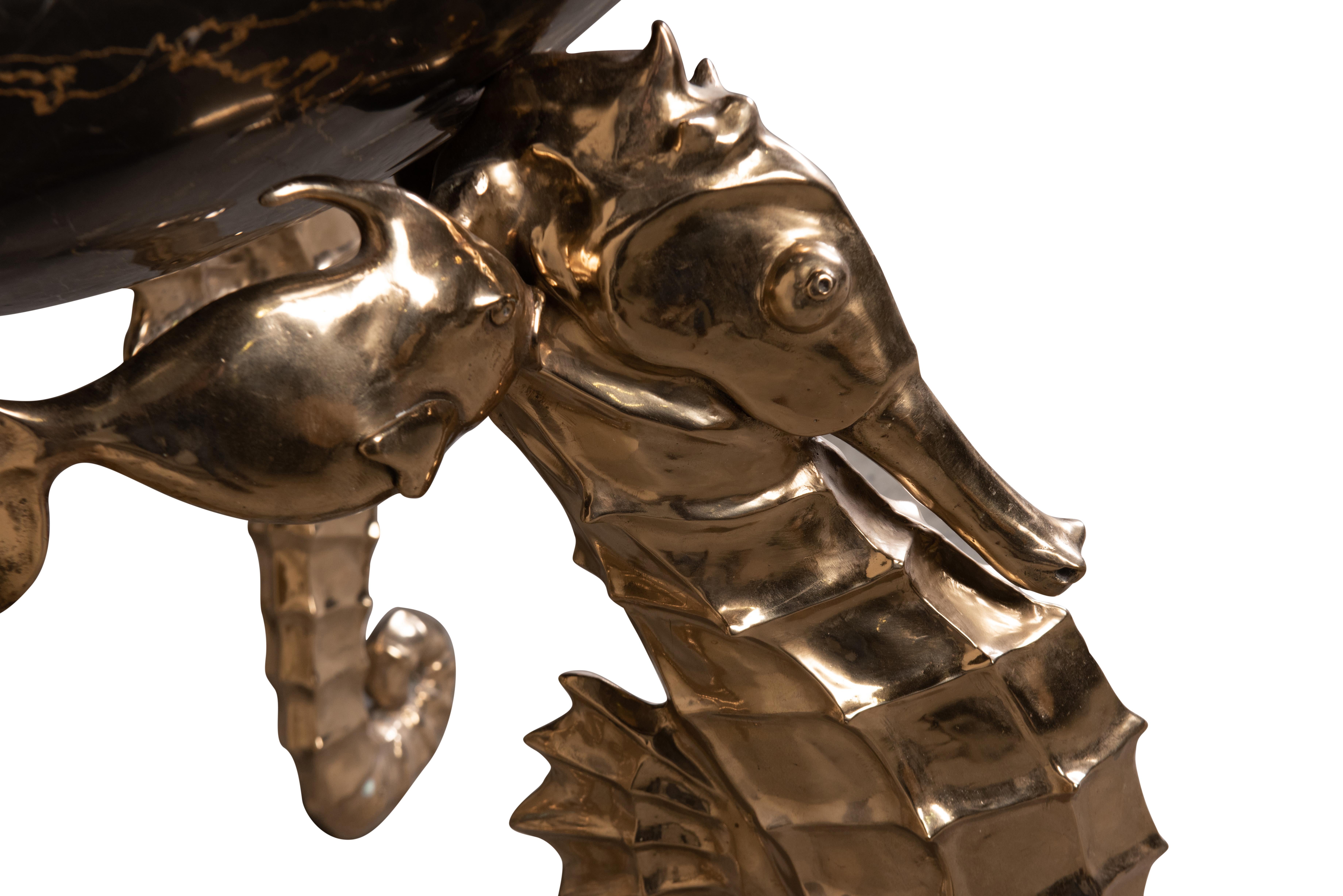 Italian Portoro Marble Basin with Polished Bronze Seahorse Legs   For Sale