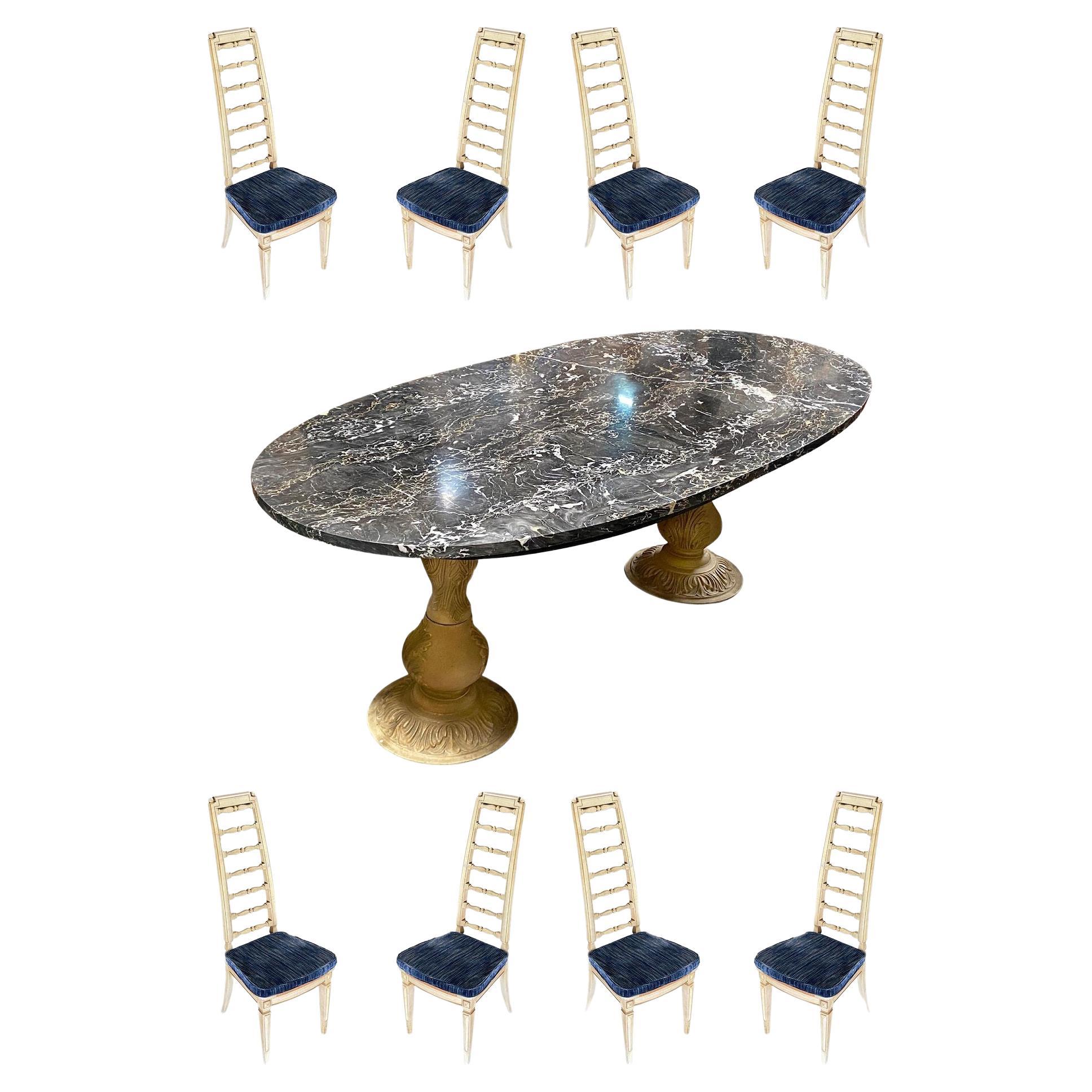 Esszimmer-Set aus Portoro Nero-Marmor mit hoher Rückenlehne und Thomasville-Stühlen