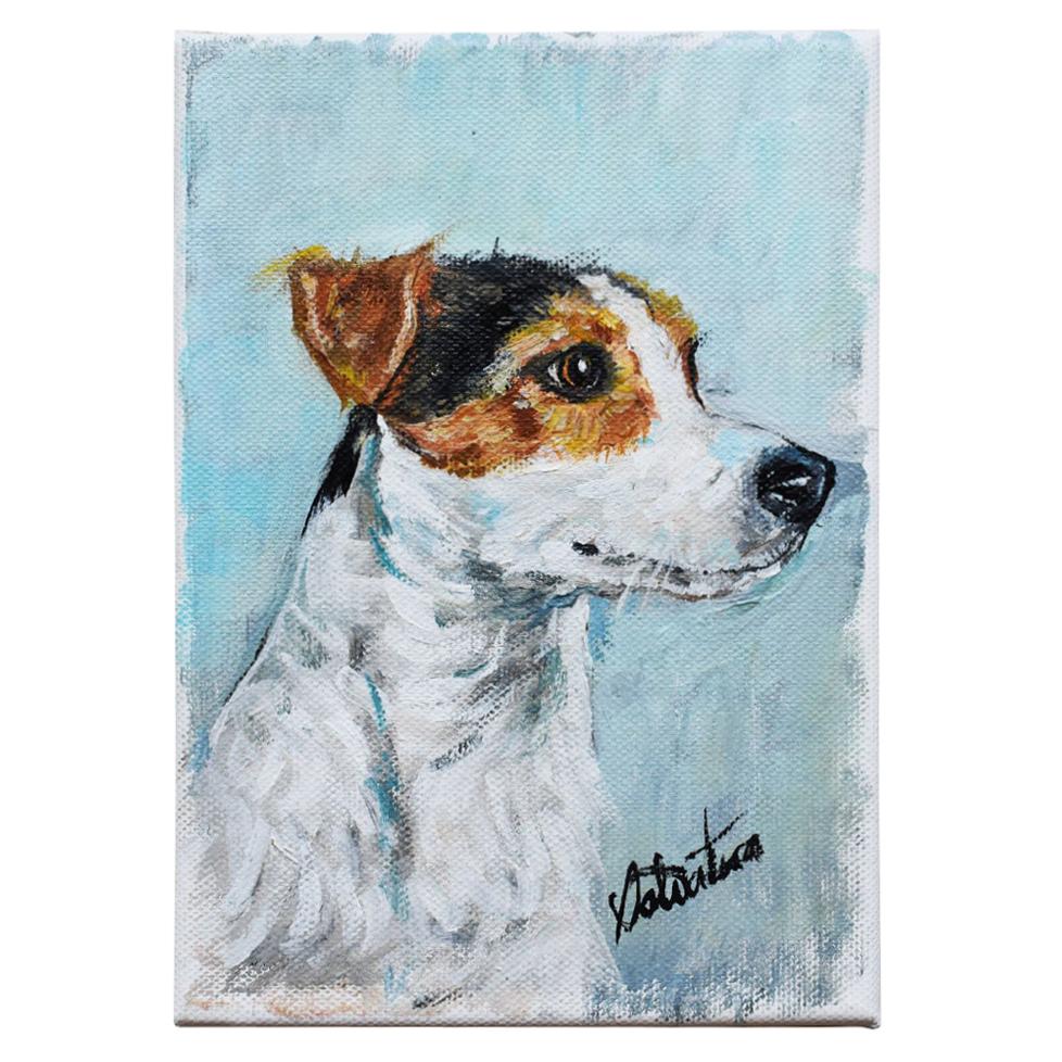 Portrait Animal Painting of a Dog on Canvas in Blue Signed Outsider Art Signed