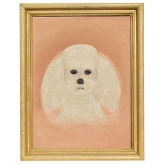 Portrait Animal Painting of a White Dog on a Pink Background, Outsider Art