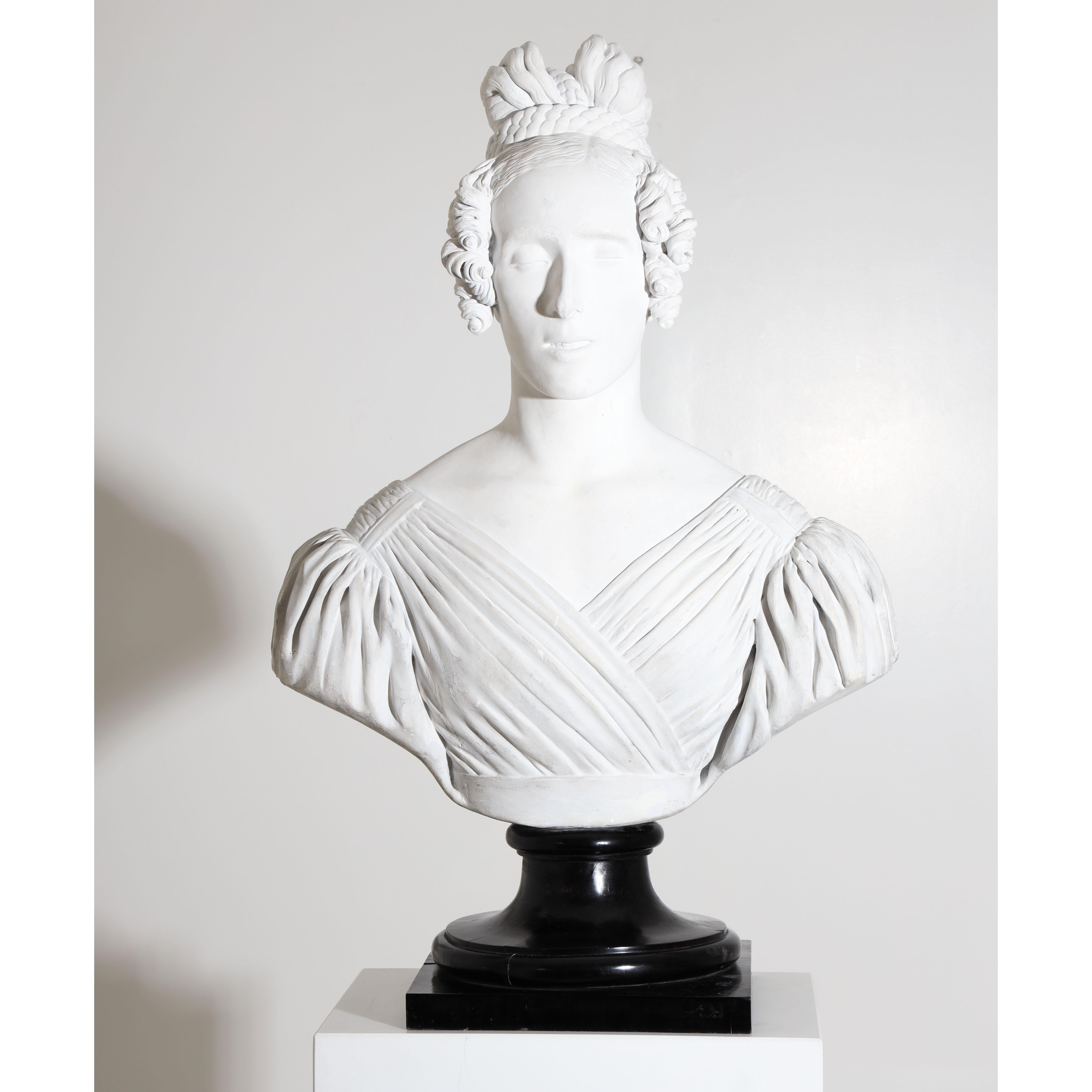 Portrait bust of a lady of the Biedermeier period. The bust was most probably modelled in plaster using the impression of the death mask. Signed on the underside: A. Auguste Schweinberg fecit 1837.