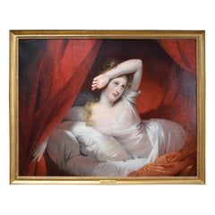 Antique  19 Century Romantic Oil Painting entitled 'Le Reveil' by Claude-Marie Dubufe