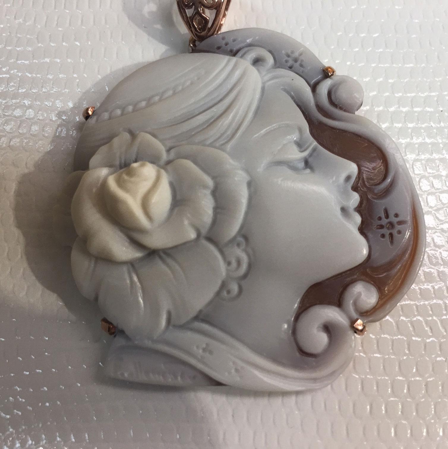 Contemporary Portrait Carved Shell Cameo Rose Gold Sterling Silver Heirloom Quality Pendant 