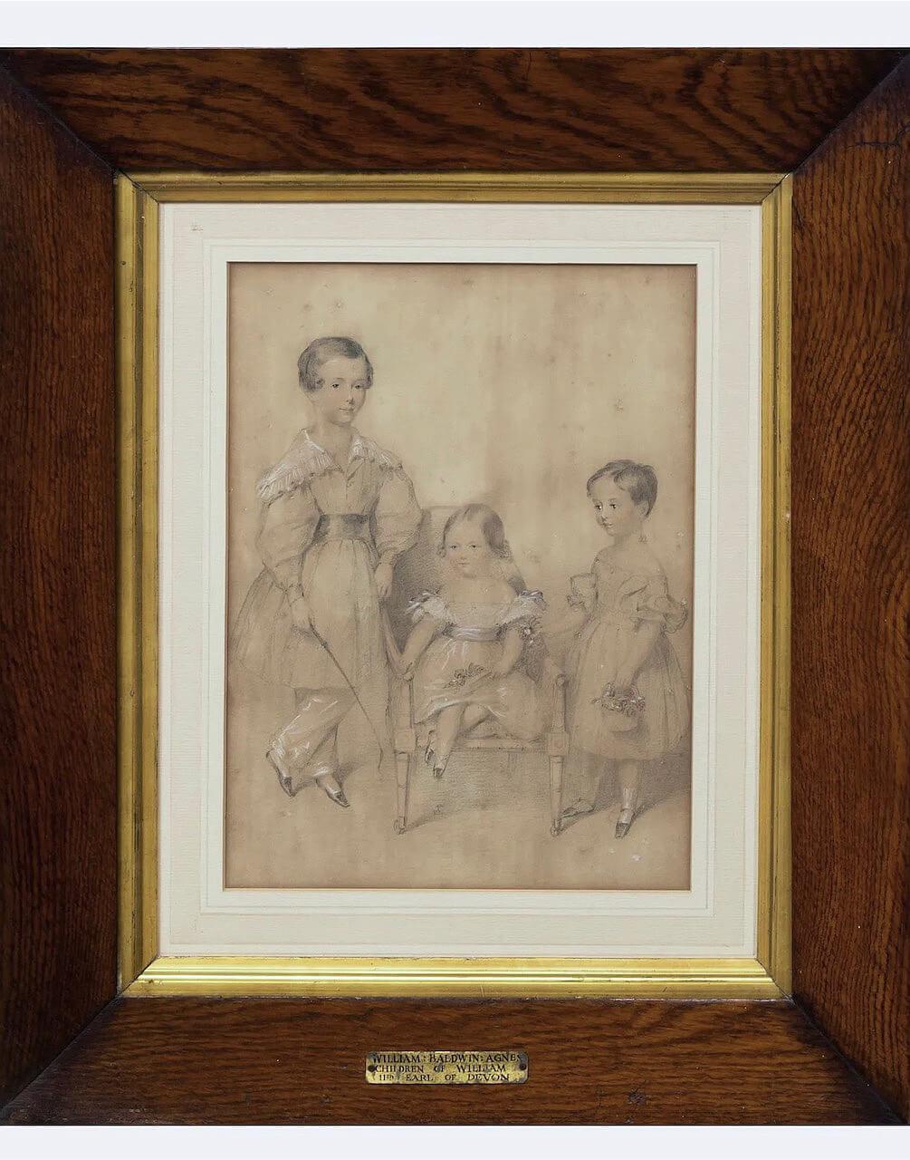Magnifique groupe de portraits au fusain, à la gouache et à l'aquarelle, datant de 1840, de William Reginald Courtenay (28 octobre 1832 - 21 novembre 1853), Edward Baldwin Courtenay, 12e comte de Devon (7 mai 1836 - 15 janvier 1891), et Lady Agnes