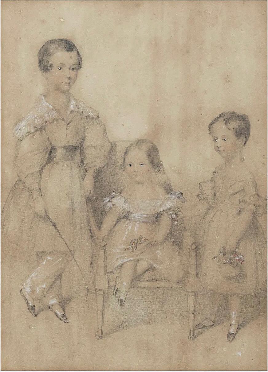 English Portrait, Children of the 11th Earl of Devon, Follower of Adam Buck, circa 1840 For Sale