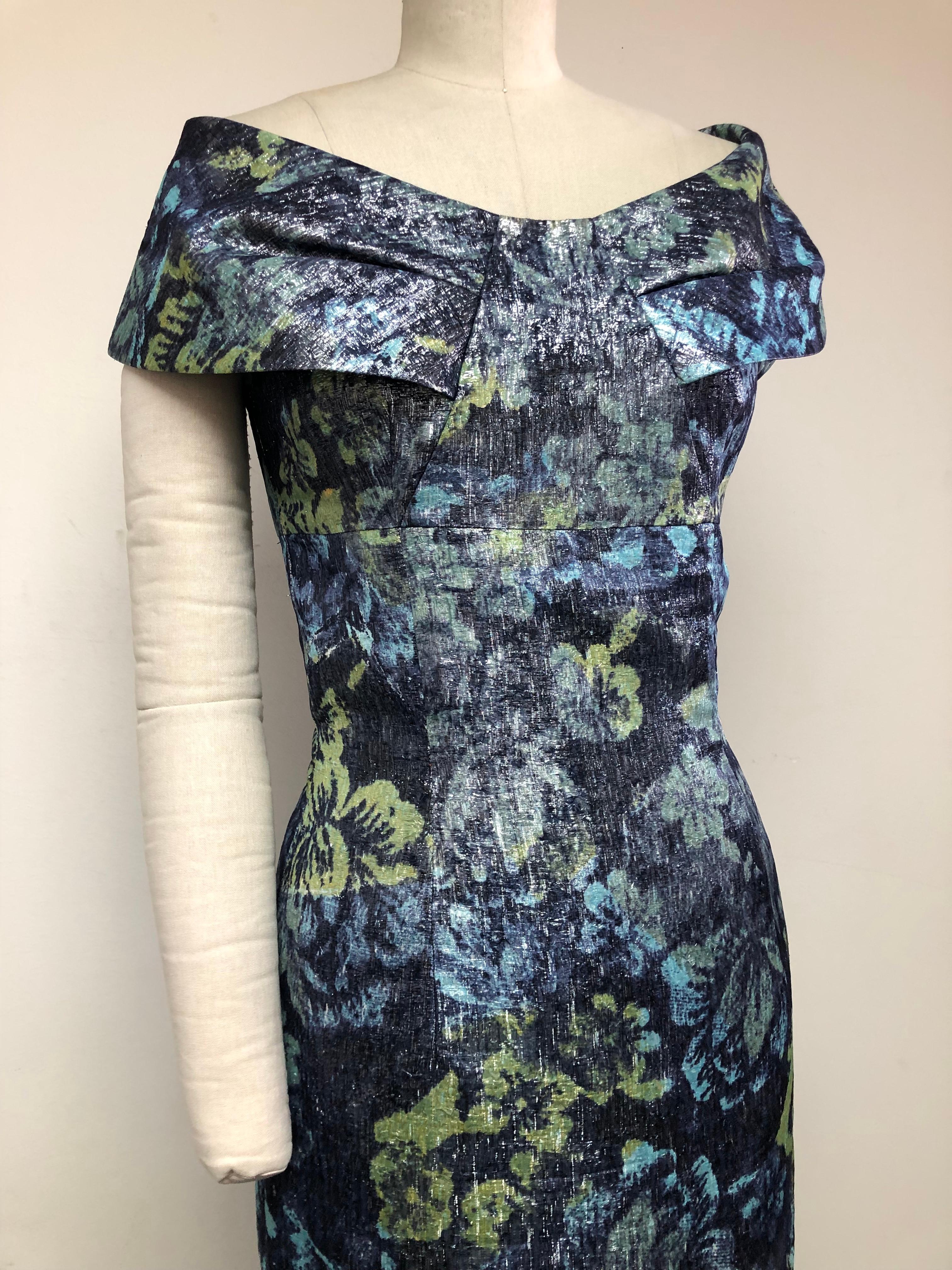 Portrait Collar Gown in French Floral Lame in Shades of Blues and Green. The glazed fabric know as 