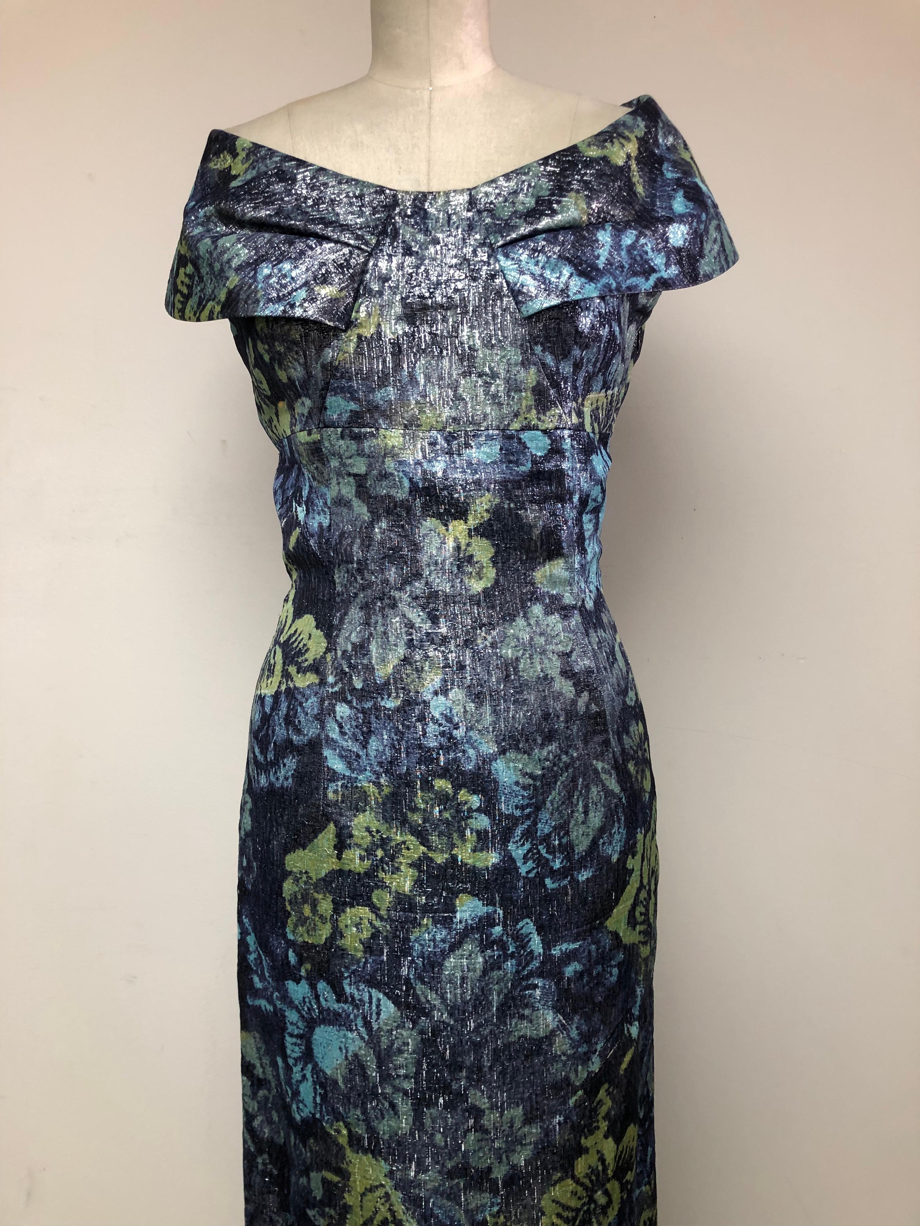 Portrait Collar Gown in Blue/Green Floral French Lame  In Good Condition For Sale In Los Angeles, CA