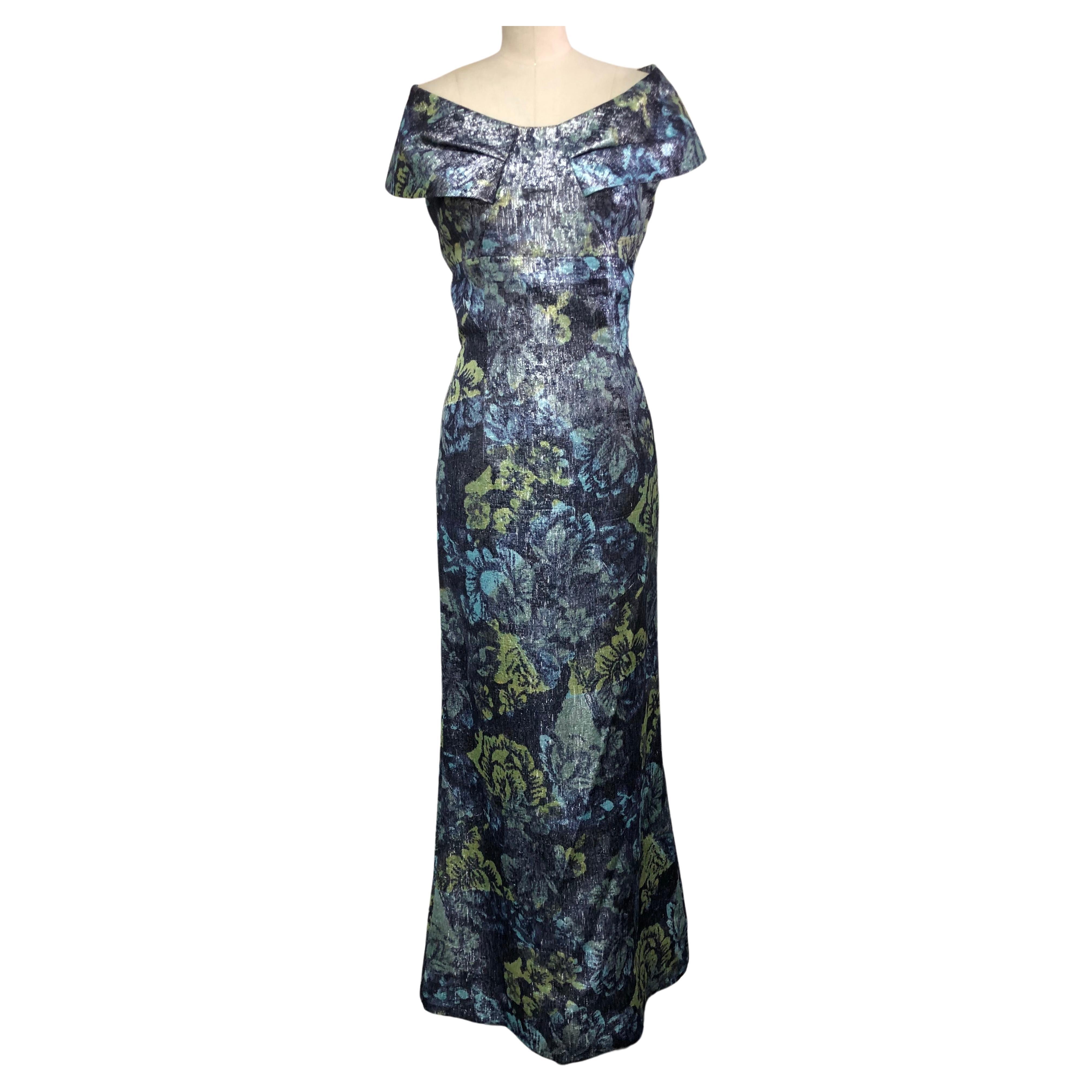 Portrait Collar Gown in Blue/Green Floral French Lame  For Sale