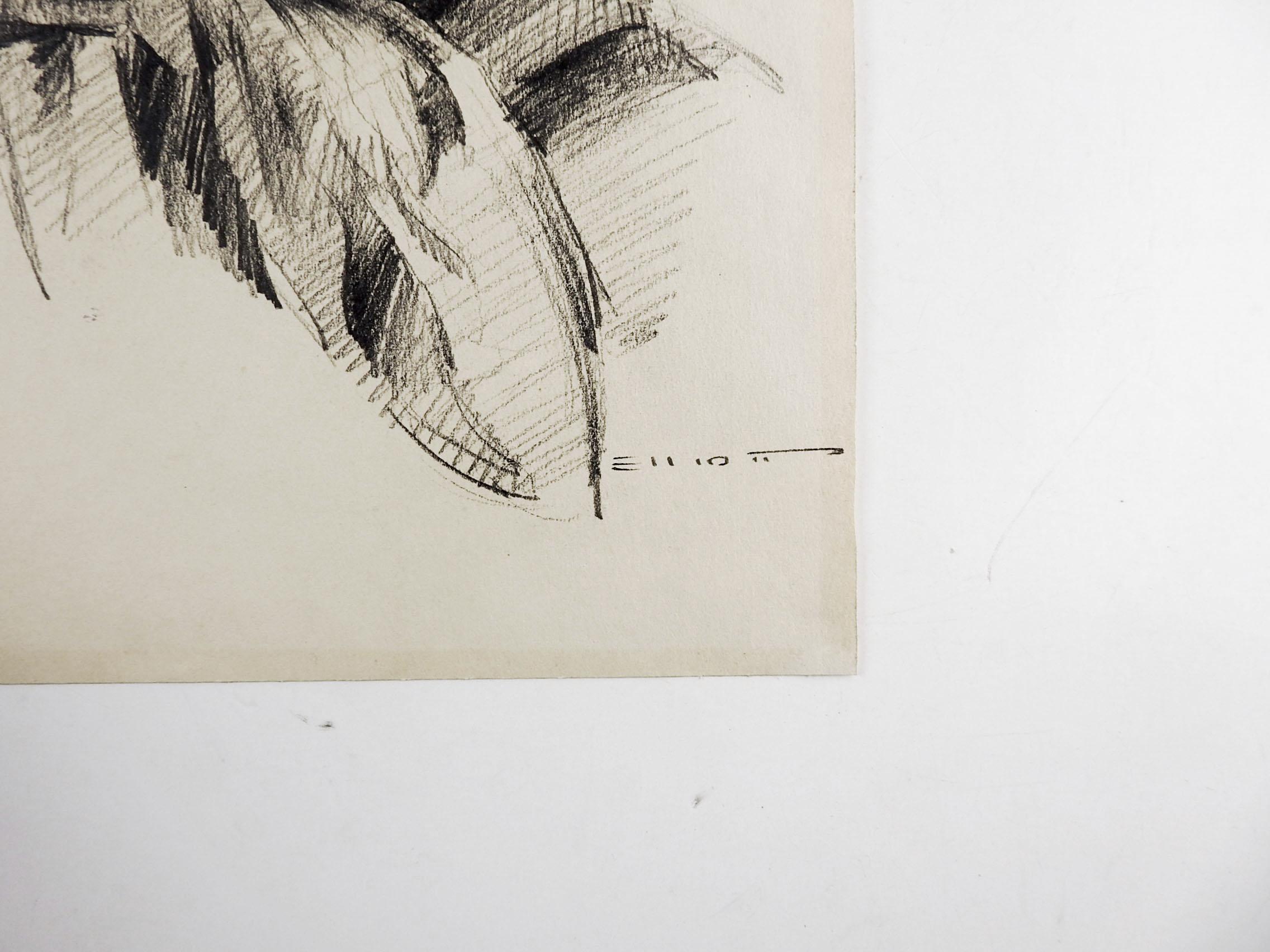 Bleistift auf Papier, Zeichnung einer jungen Frau mit Kopftuch.  Signiert Elliotts in der rechten unteren Ecke.  Ungerahmt,  Alterstönung.