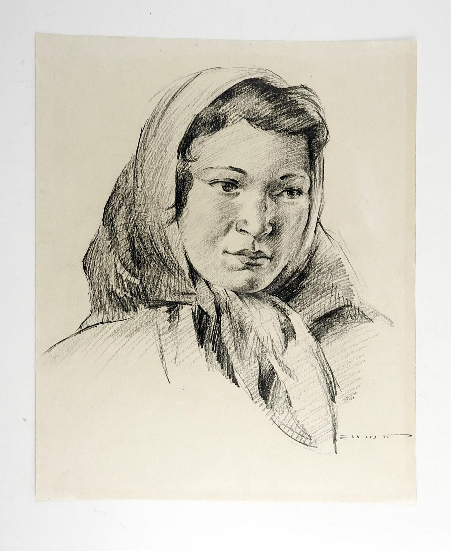 Rustic Portrait Drawing in Pencil of Young Woman For Sale