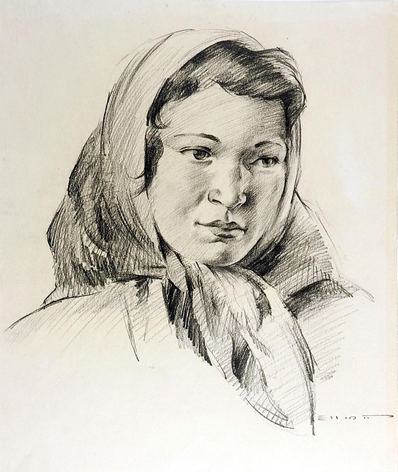 American Portrait Drawing in Pencil of Young Woman For Sale