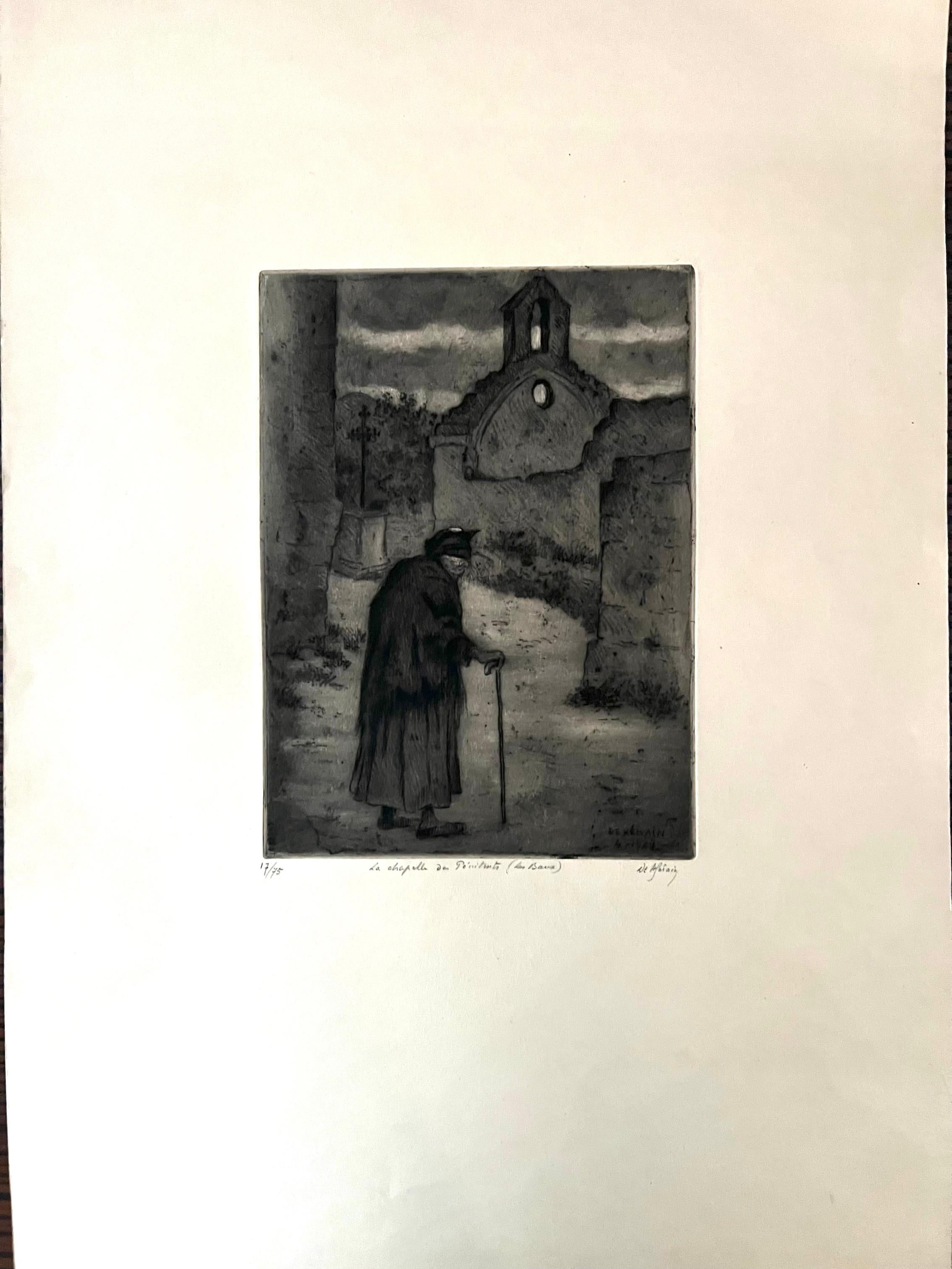 François DE HERAIN (1877-1962) est un peintre, sculpteur et graveur français. 
Le dessin représente une femme âgée se rendant sur la place de l'église de la chapelle des Pénitents aux Baux de Provence, près de la Côte d'Azur. Cette confrérie de