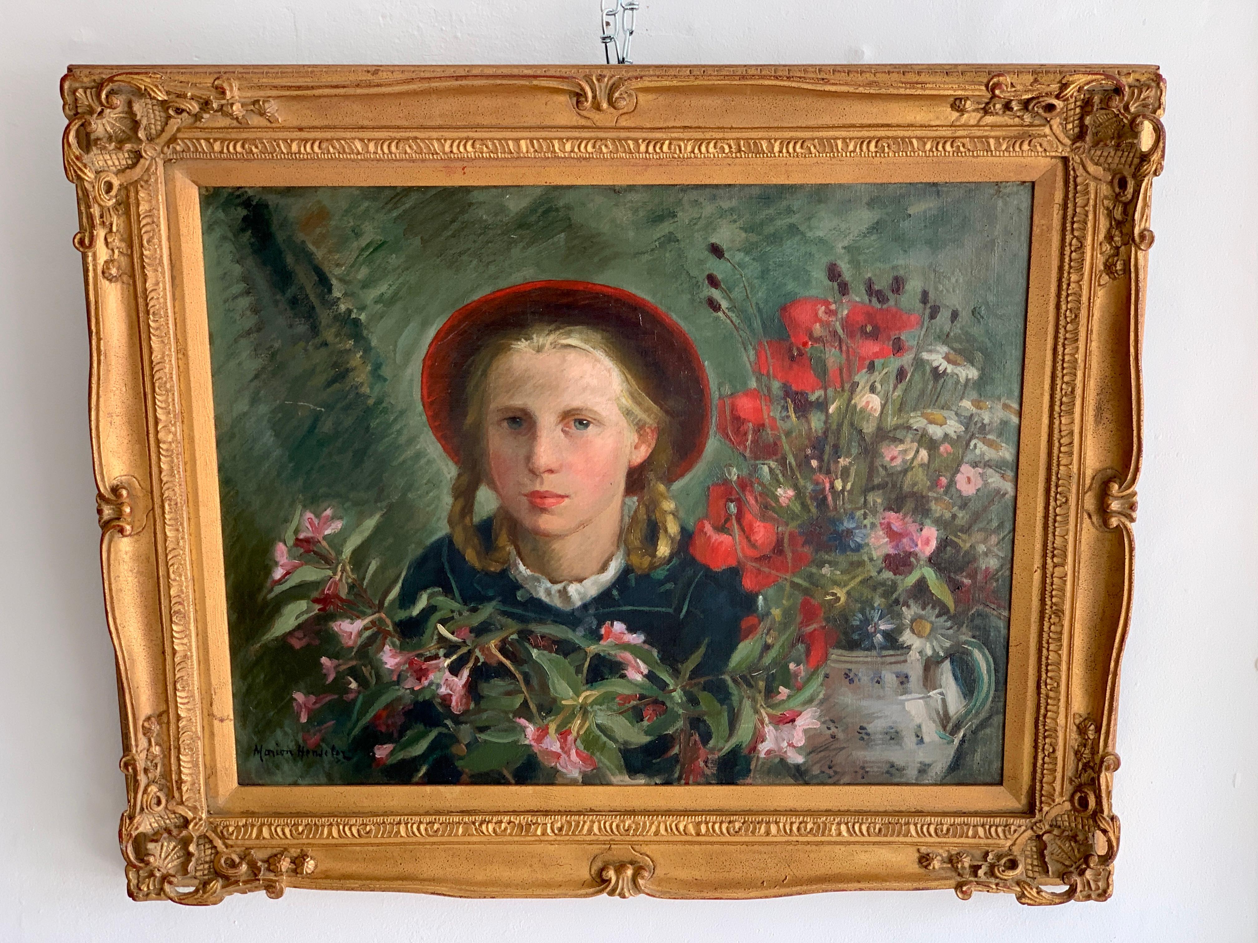 Portrait Girl Amongst Flowers, by Marion Henseler 
German, 1894 - 1985
Oil on artist board 22
