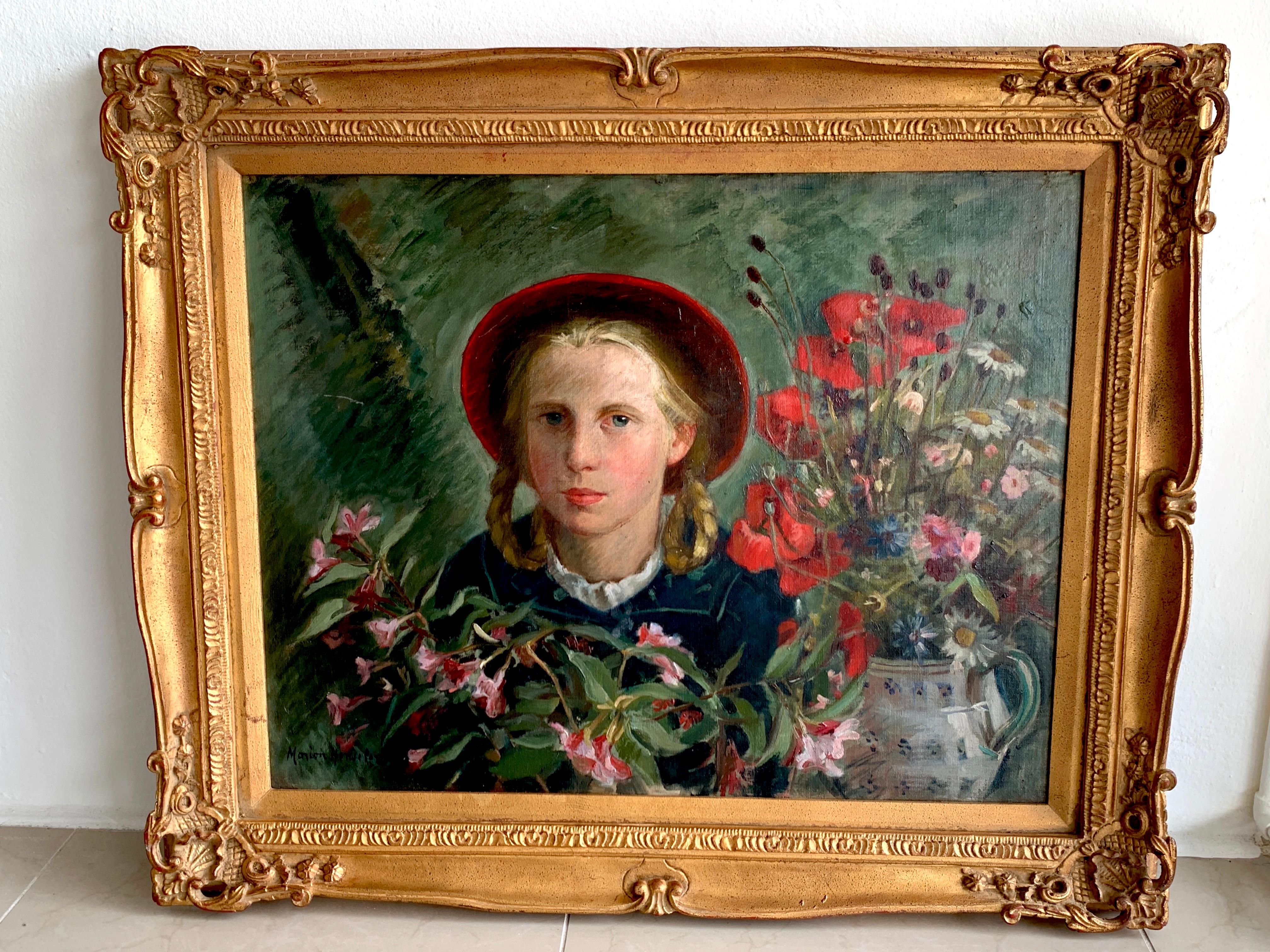 German Portrait Girl Amongst Flowers, by Marion Henseler For Sale