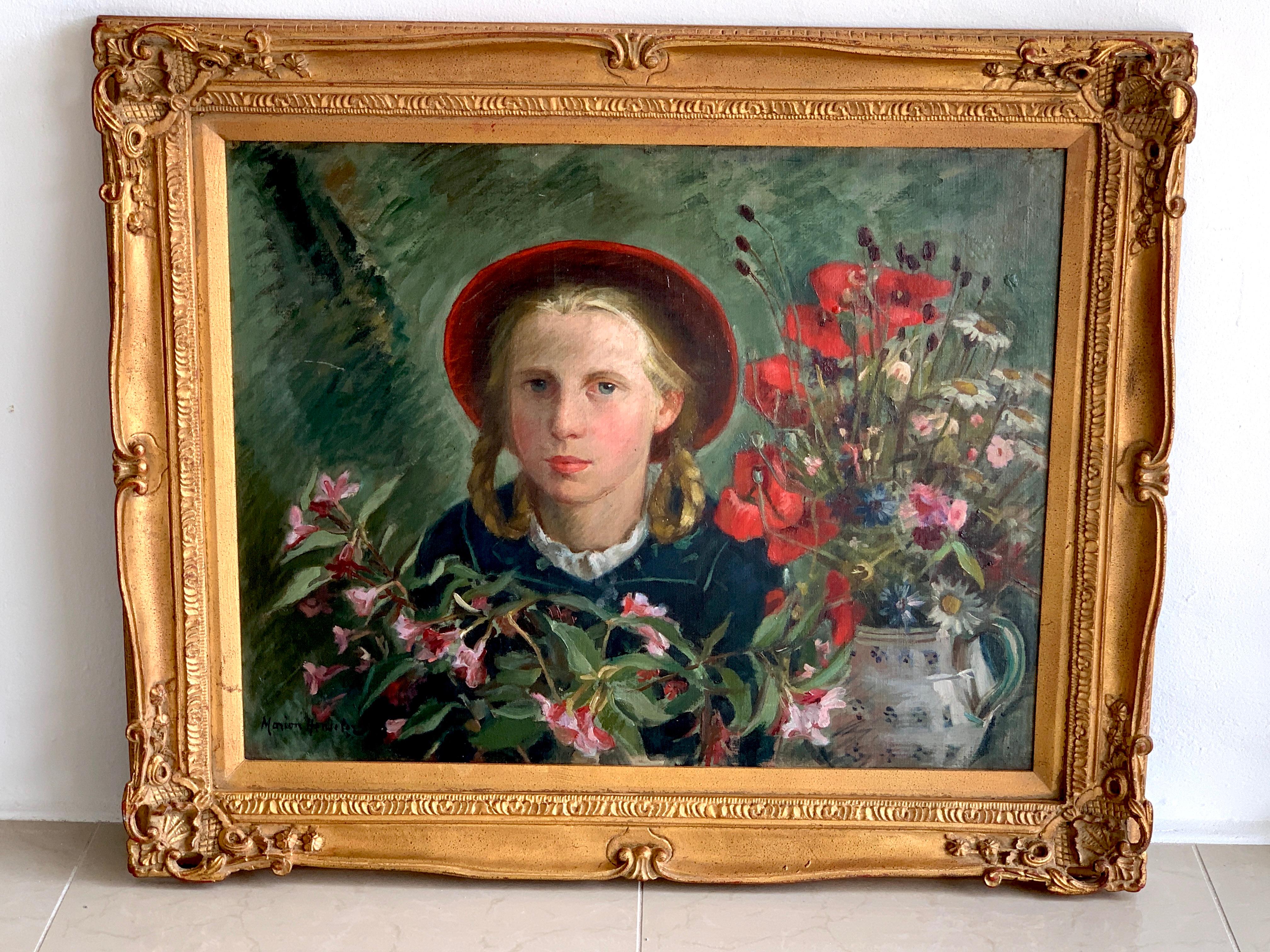 Giltwood Portrait Girl Amongst Flowers, by Marion Henseler For Sale