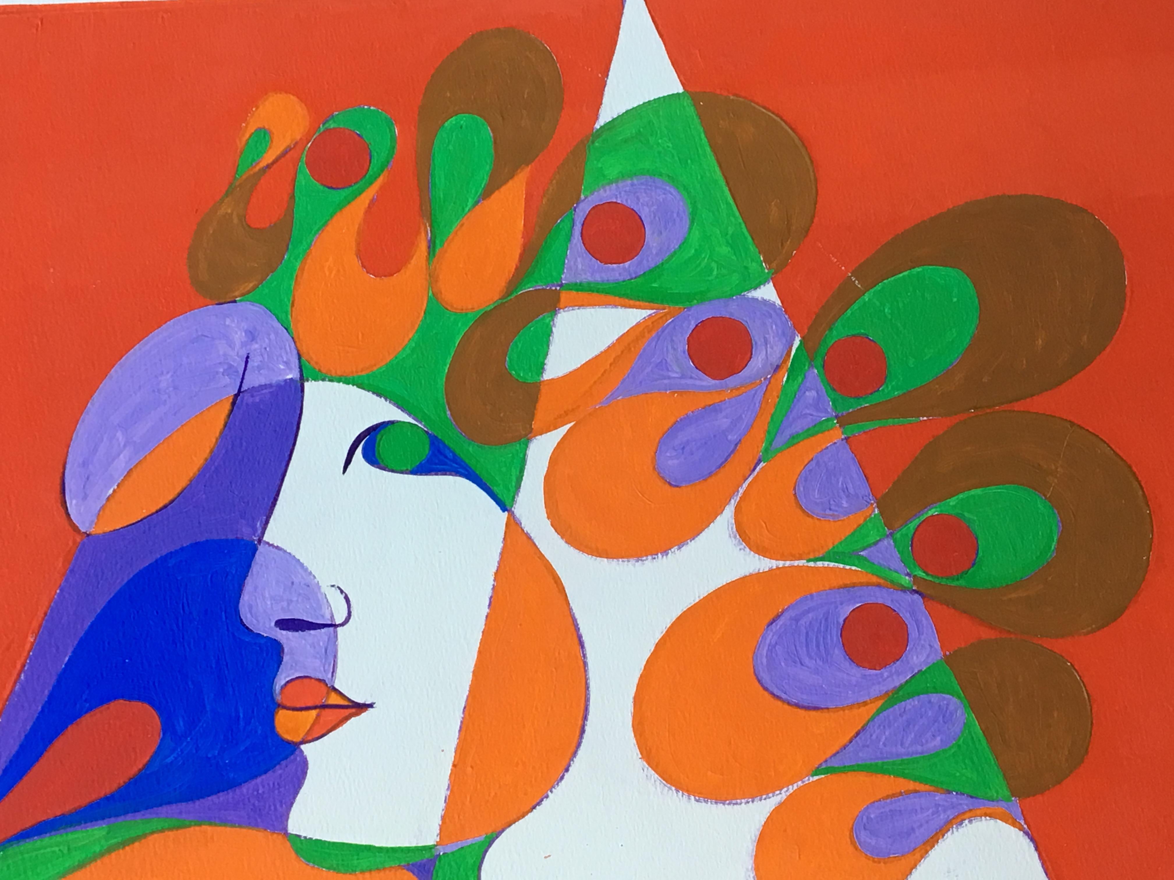 A vibrante, psychedelic abstract painting of a woman's side profile. Signed Radoczy, 1969.

Albert Radoczy was a painter from the NY Tristate area, most notably in the 1960s and 1970s. Radoczy was a master at exploring the female form. Throughout