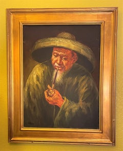Portrait in Oil of Man with Hat and Pipe