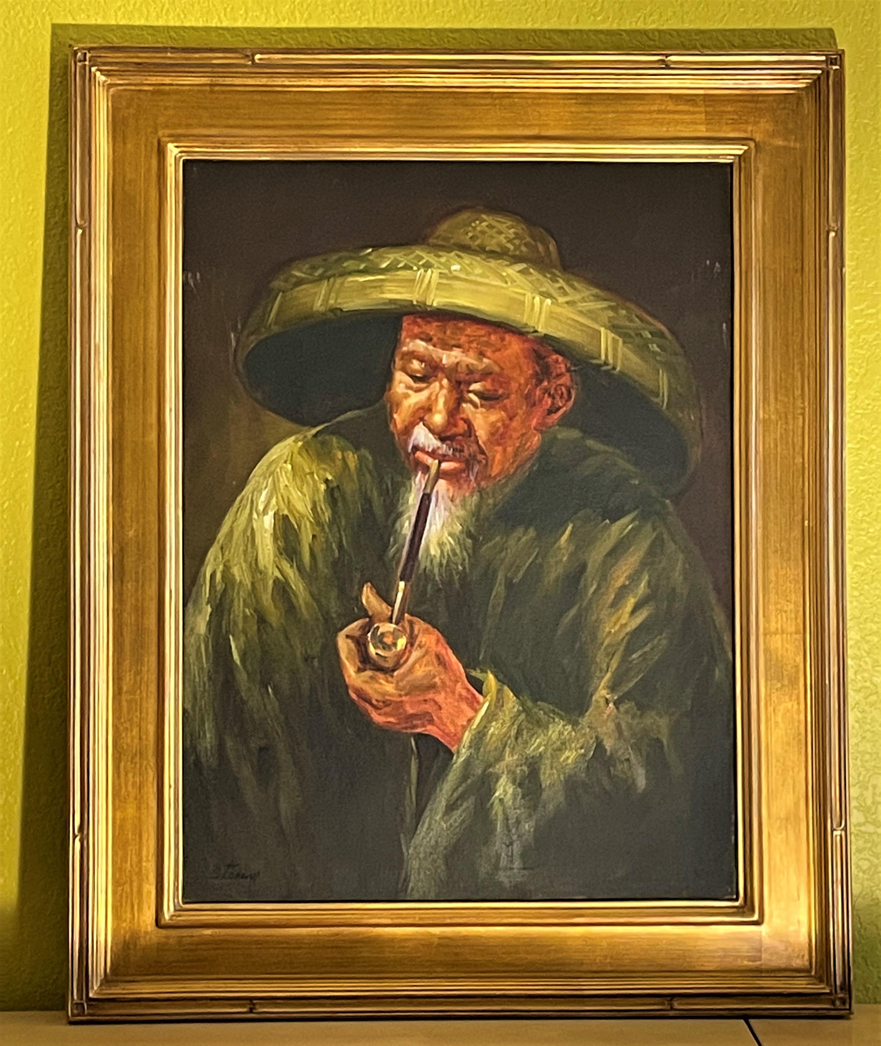 Expressionist Portrait in Oil of Man with Hat and Pipe For Sale