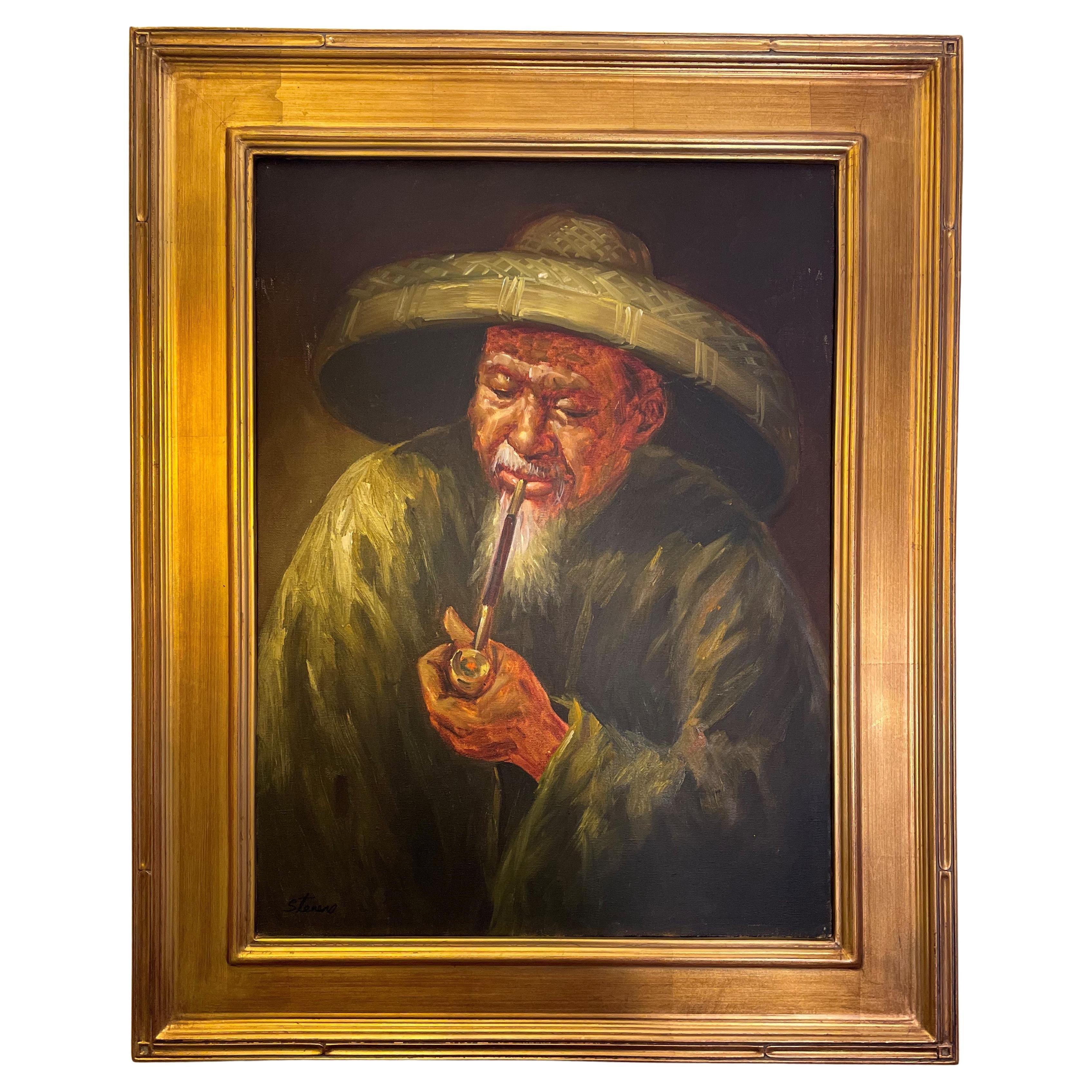 Portrait à l'huile d'un homme avec un chapeau et une pipe en vente