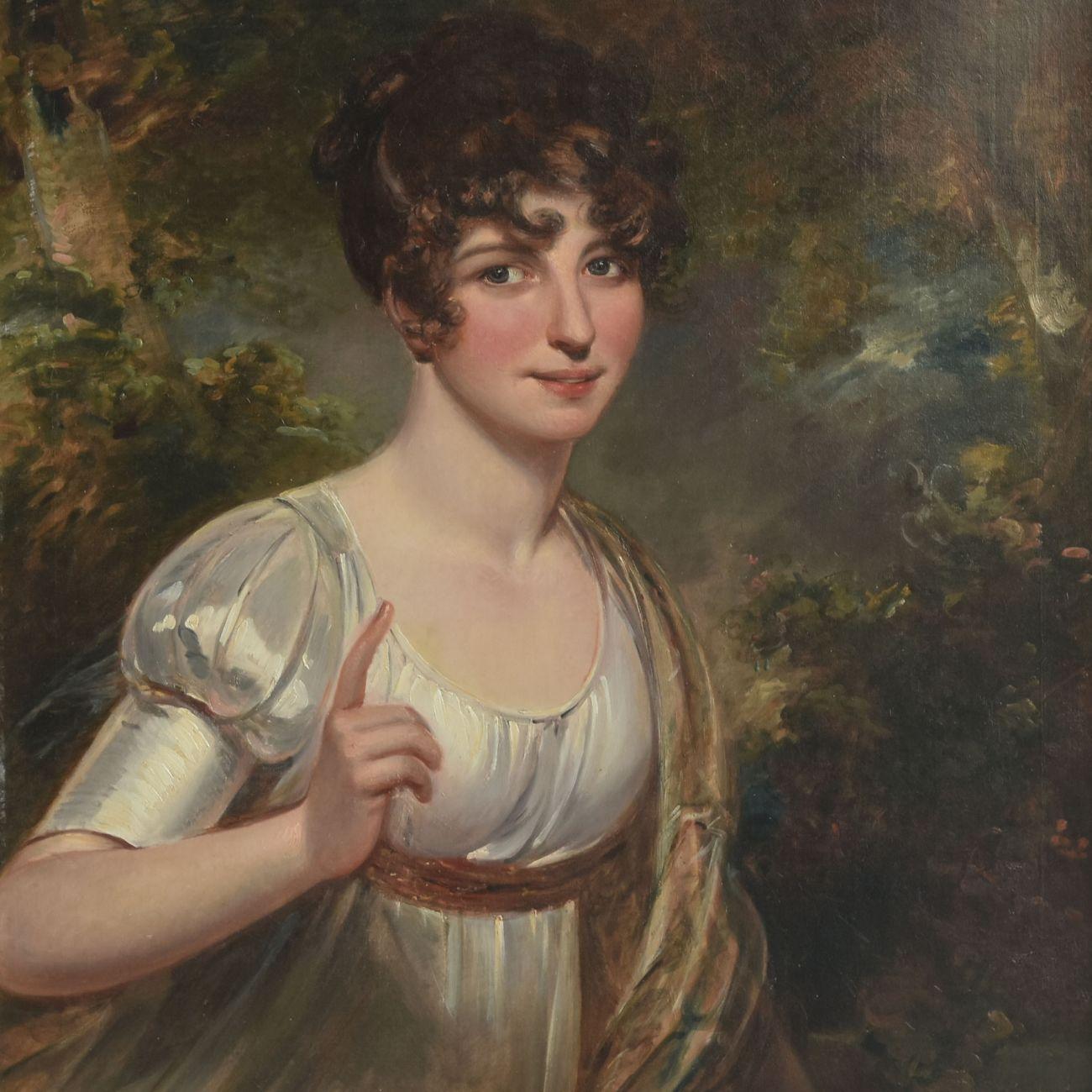 Portrait de miss Johnson typiquement. Ecole Anglaise dans le goût de Gainsborough d'époque début XIXème. Dimension cadre 87 x 73 cm. Dimension toile 77 x 64 cm.