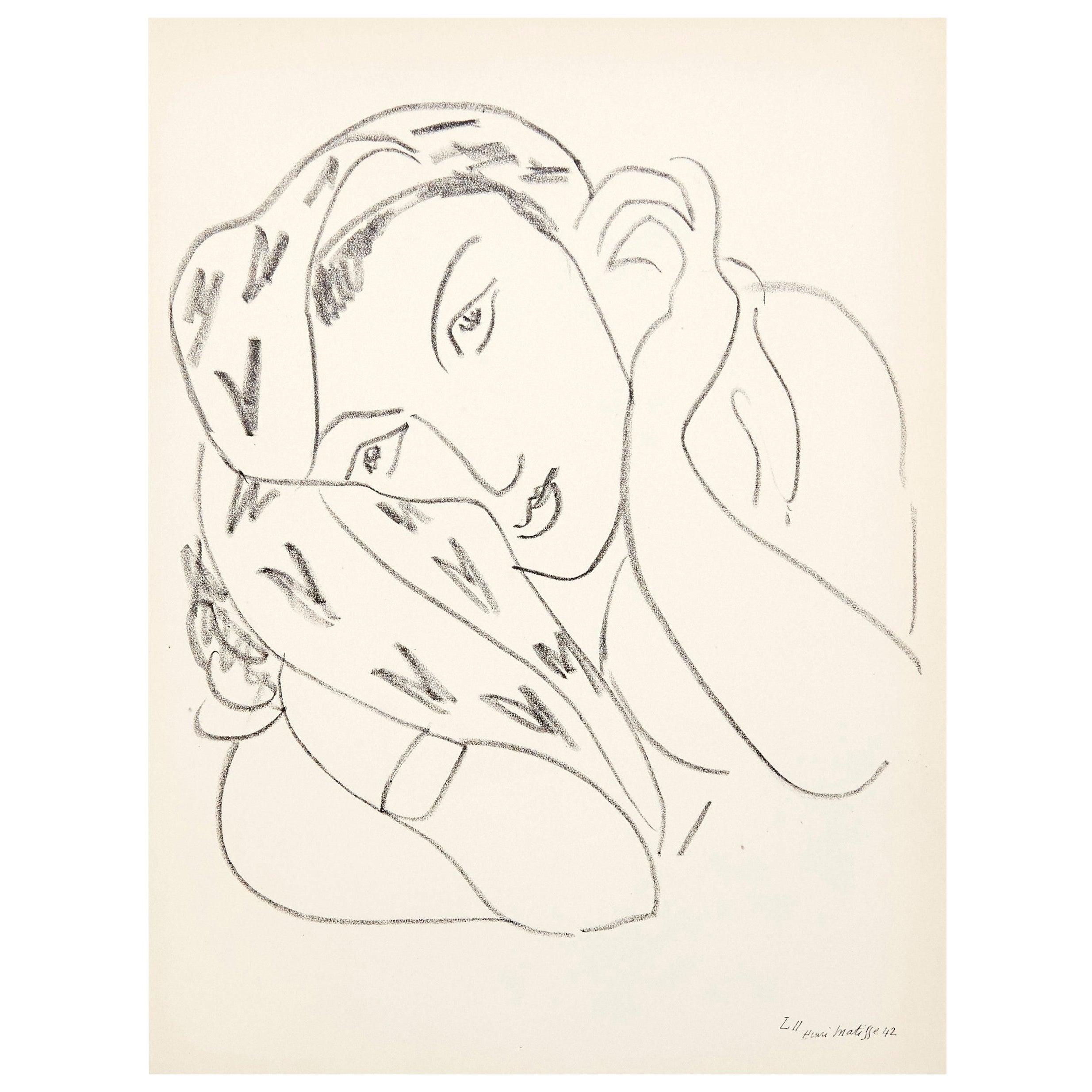 Portrait Lithograph in Paper after Original Matisse Drawing