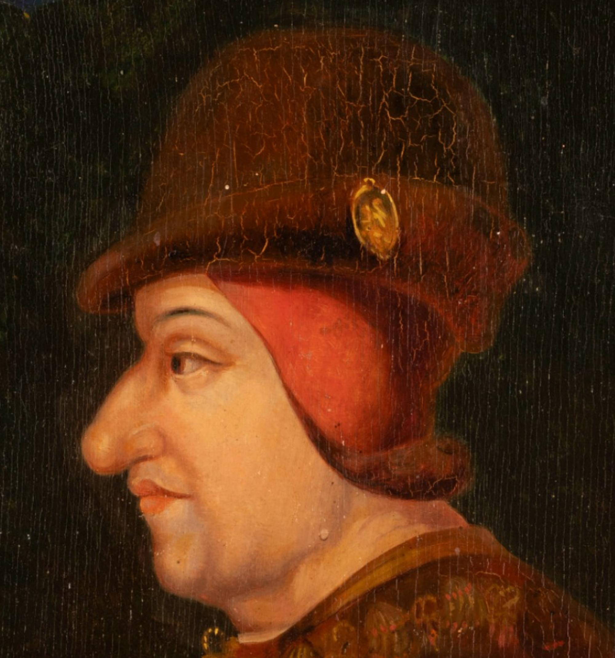 Portrait Louis XI of France end 17th century.

Oil on oak panel.
France
Measures: 43.5 x 29 cm (D. 50 x 35.5 cm).
With frame.
Origin: French private collection

On July 3, 1423, King Louis XI of France was born. On July 3, 1423 in Bourges,