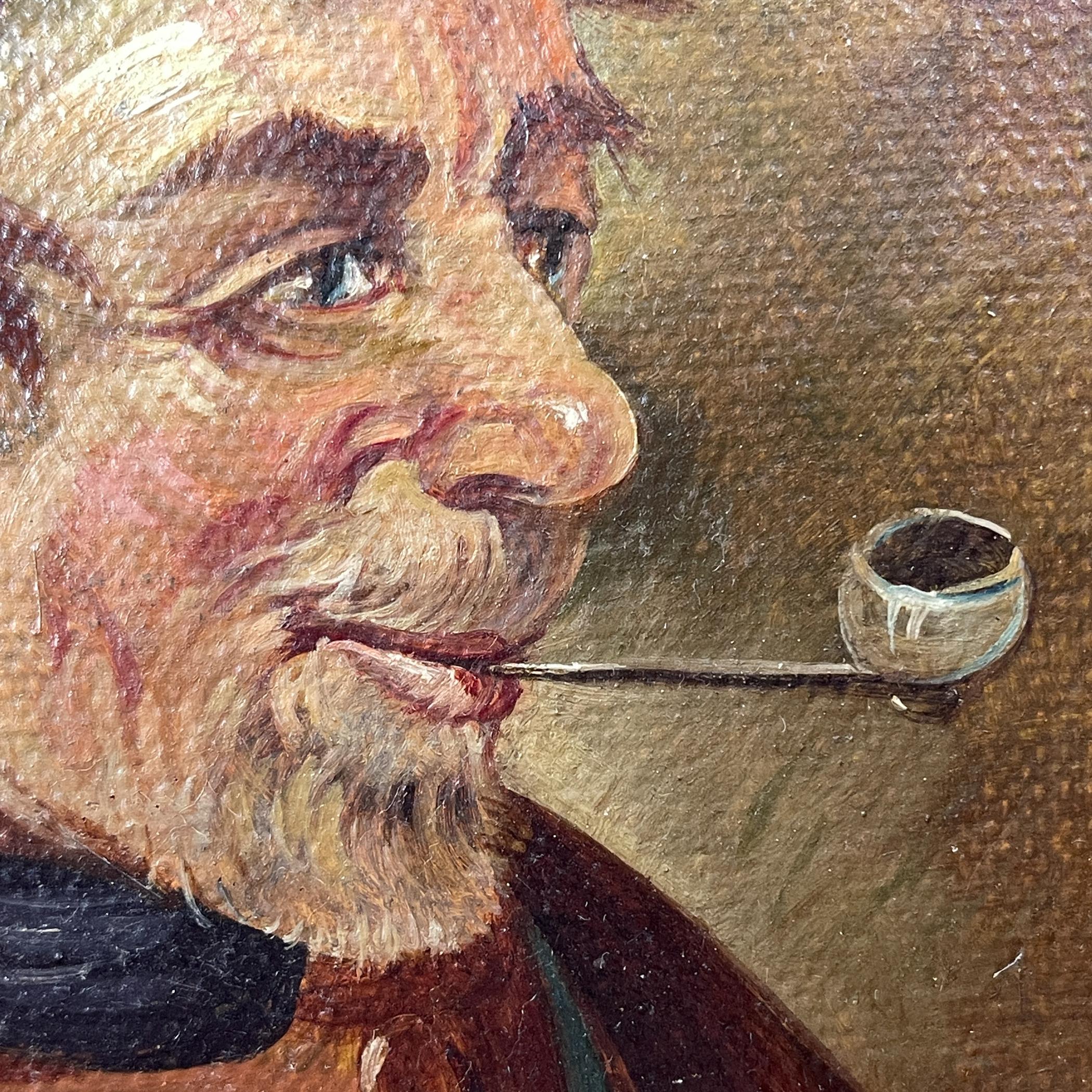 Porträt „Mann in einer Nachttasche mit Pfeife“ von G. Schill, Leinwand, Öl, 1930er Jahre im Angebot 7