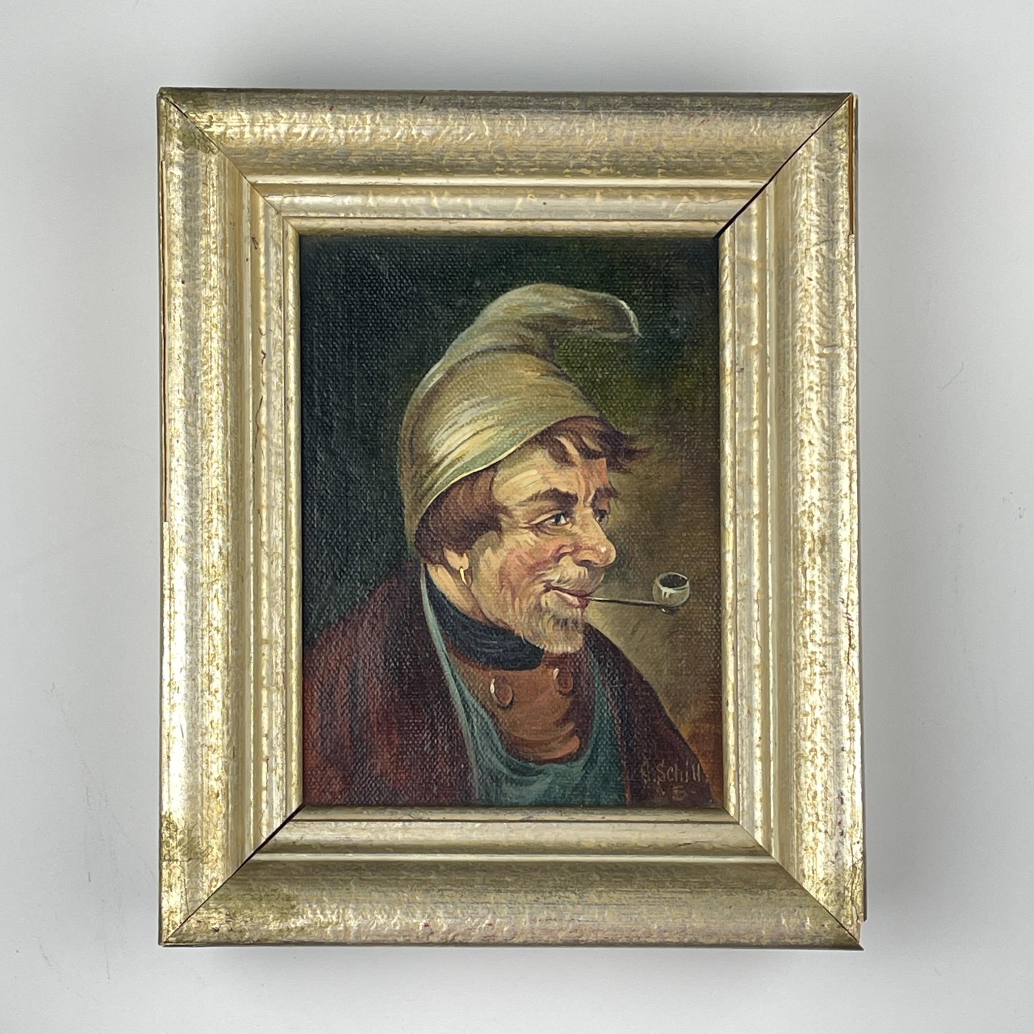 Porträt „Mann in einer Nachttasche mit Pfeife“ von G. Schill, Leinwand, Öl, 1930er Jahre im Angebot 1