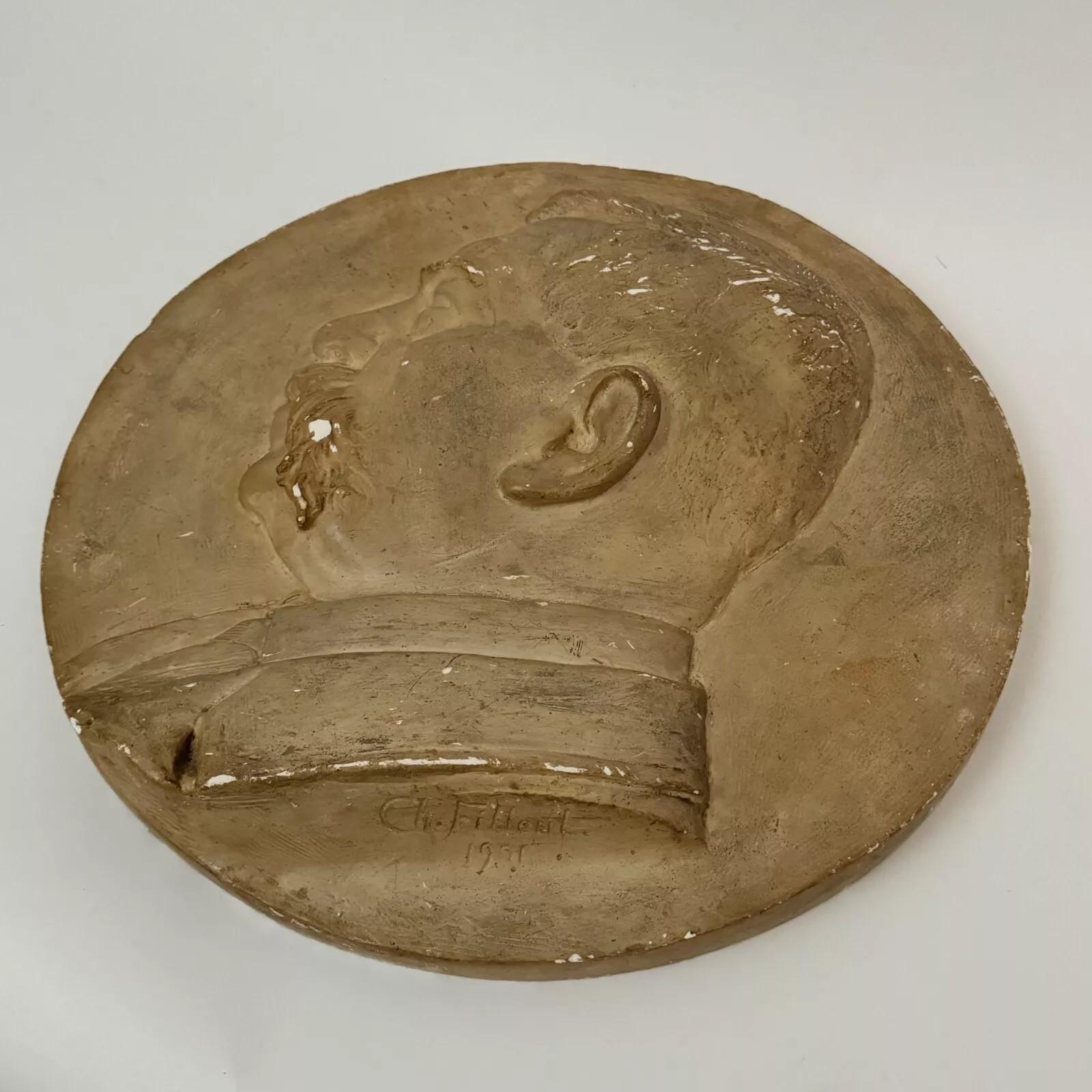 French Portrait Medallion in Plaster by Charles Filleul – Male Profile, 1901. For Sale