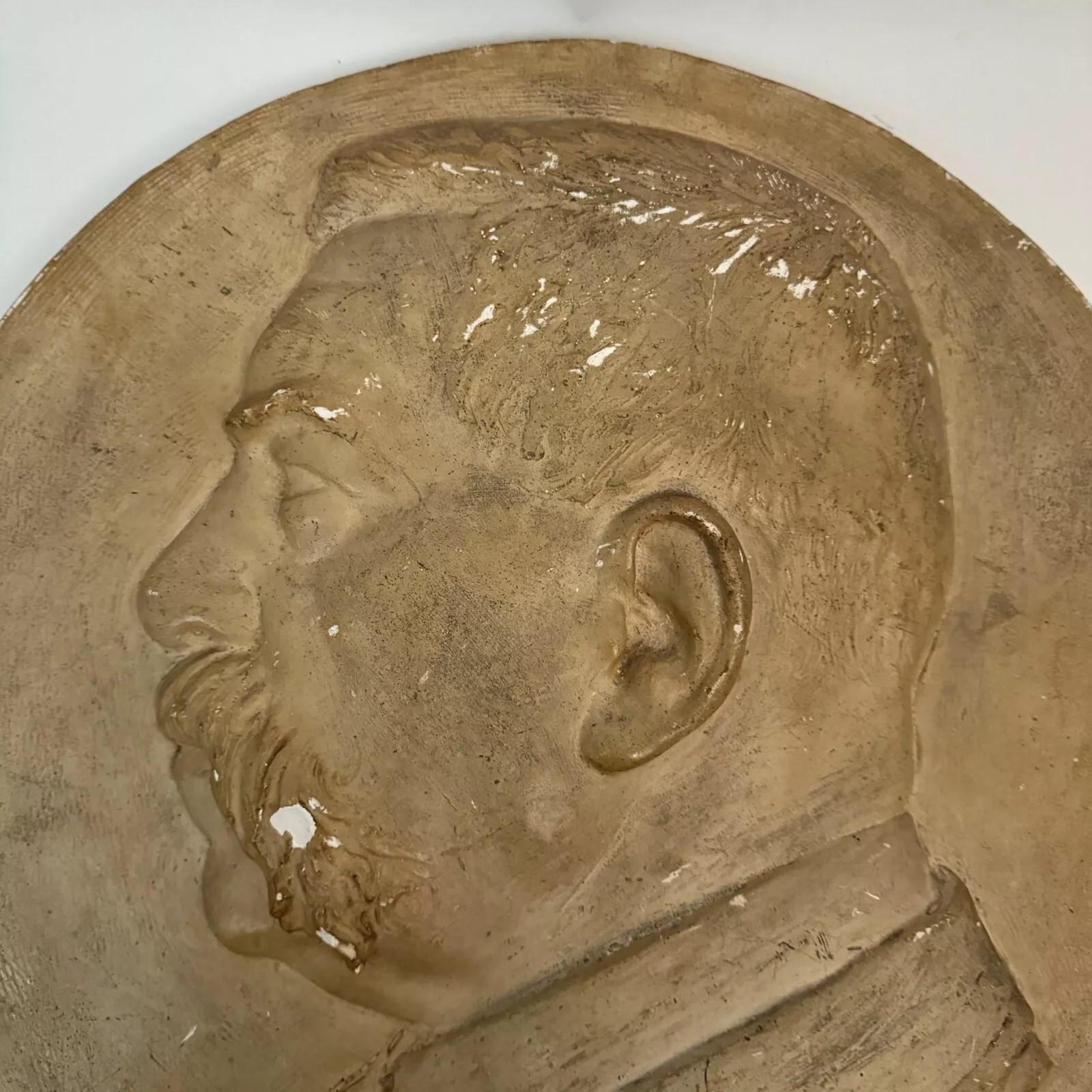 Hand-Carved Portrait Medallion in Plaster by Charles Filleul – Male Profile, 1901. For Sale