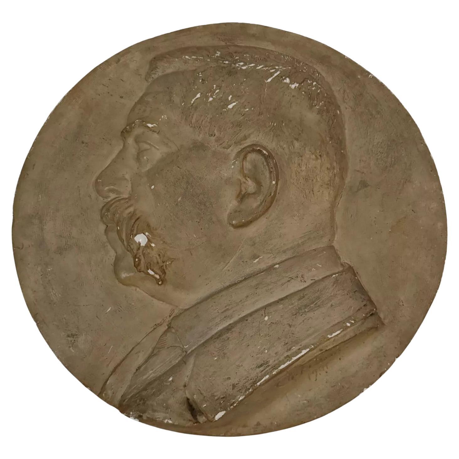Portrait Medallion in Plaster by Charles Filleul – Male Profile, 1901.