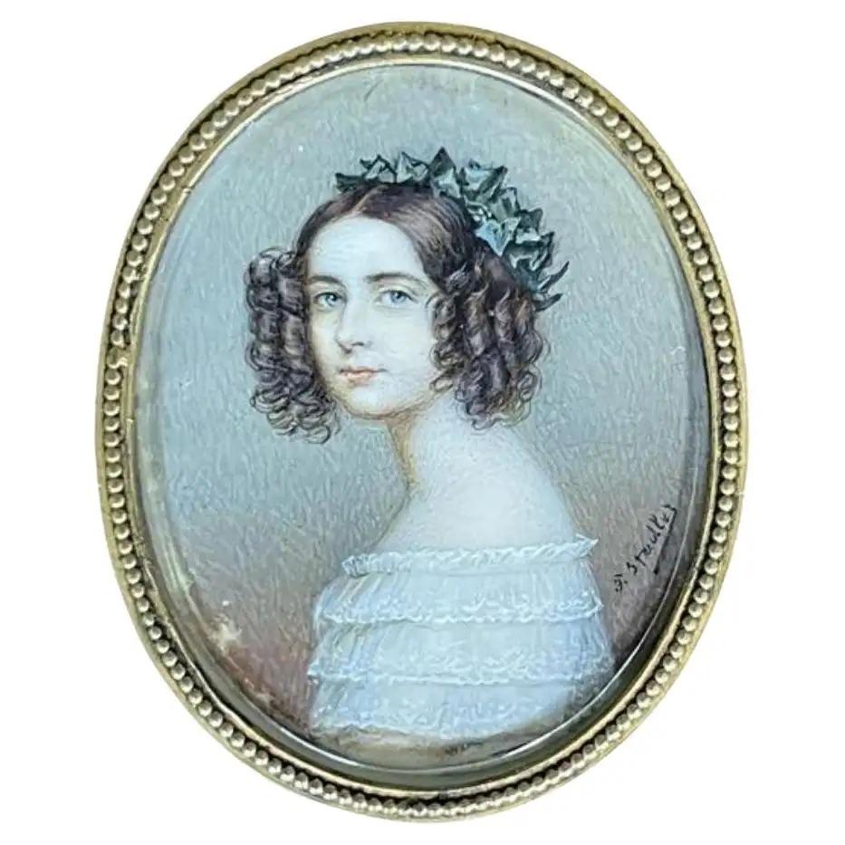 Portrait miniature of Princess Alexandra V. Bayern in a bronze frame, by Joseph Karl Stieler, Germany (1781-1858), signed on the front, titled, and signed again on the back. Finely detailed.  3 1/4 “  x 1 3/4 “.  

Princess Alexandra Amalie of