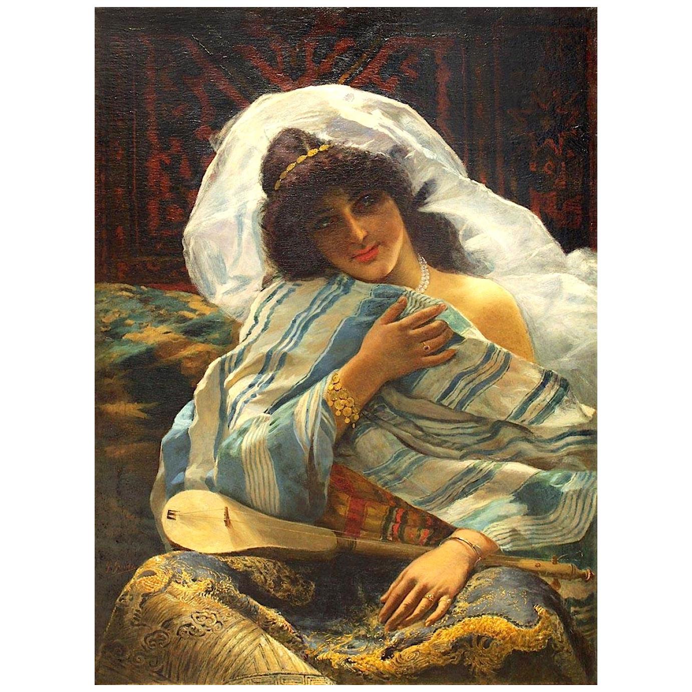 Portrait Odalisque, Giovanni Guida 19th Century Oil Orientalism Italian Painting For Sale