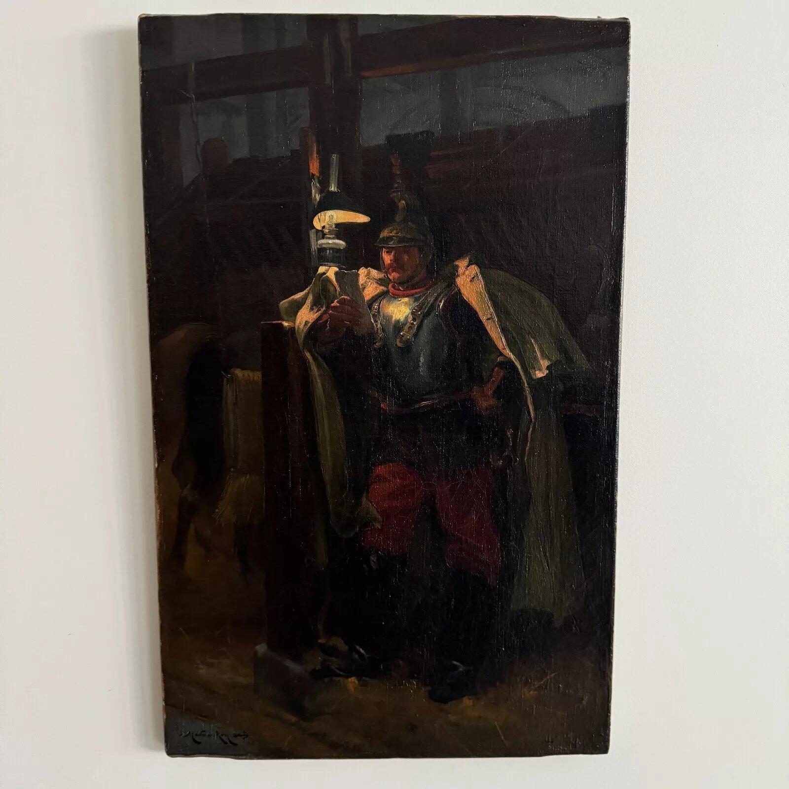 Dipinto Ritratto di un soldato del XIX secolo in una stalla del pittore marino Marin Roy in vendita