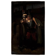 Portrait of a 19th century soldier in a stable by Marius Roy marine painter