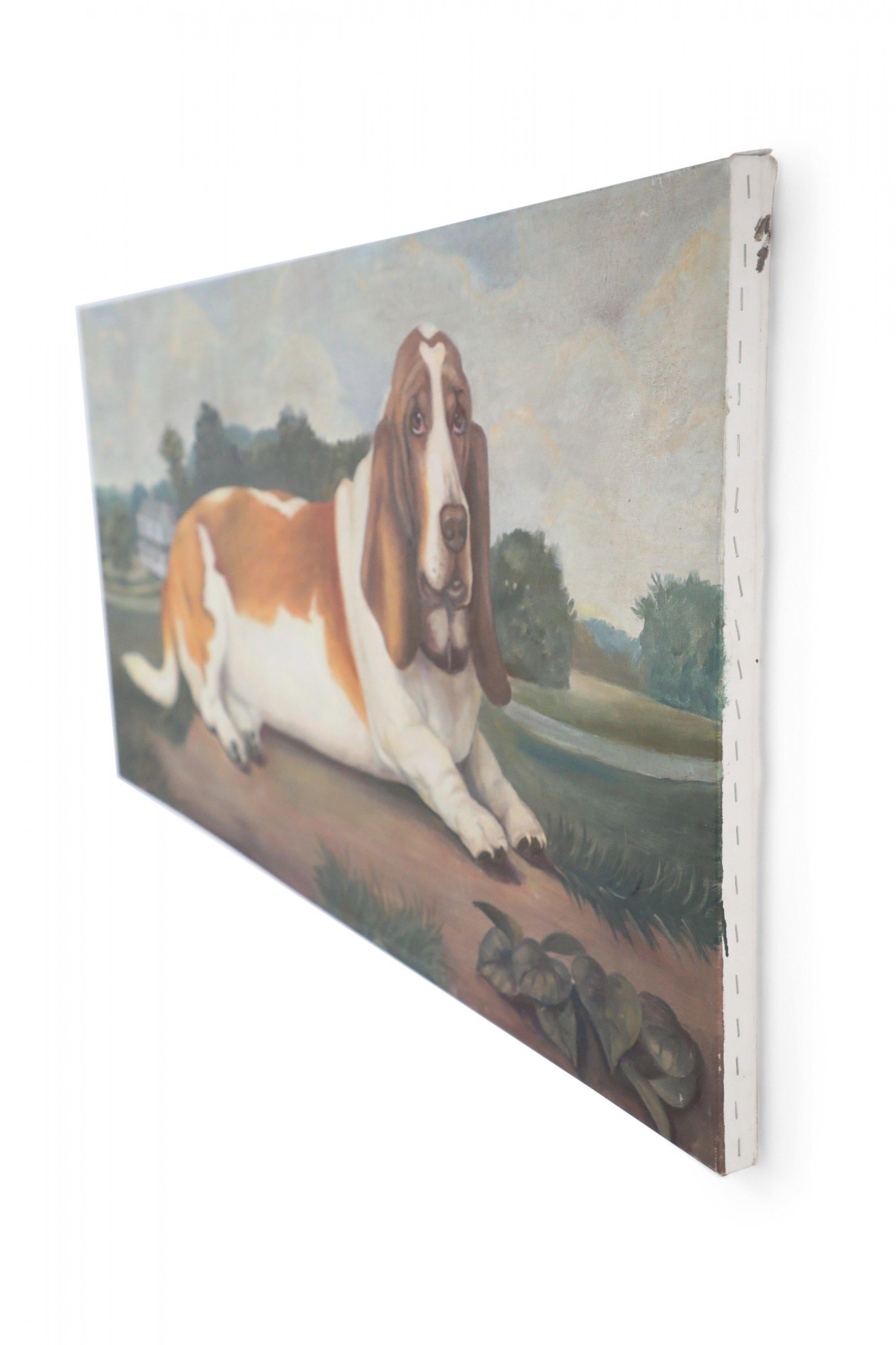 Vintage (20th Century) portrait of a brown and white basset hound captured lying on a path with a house in the distance, on a large, rectangular unframed canvas.