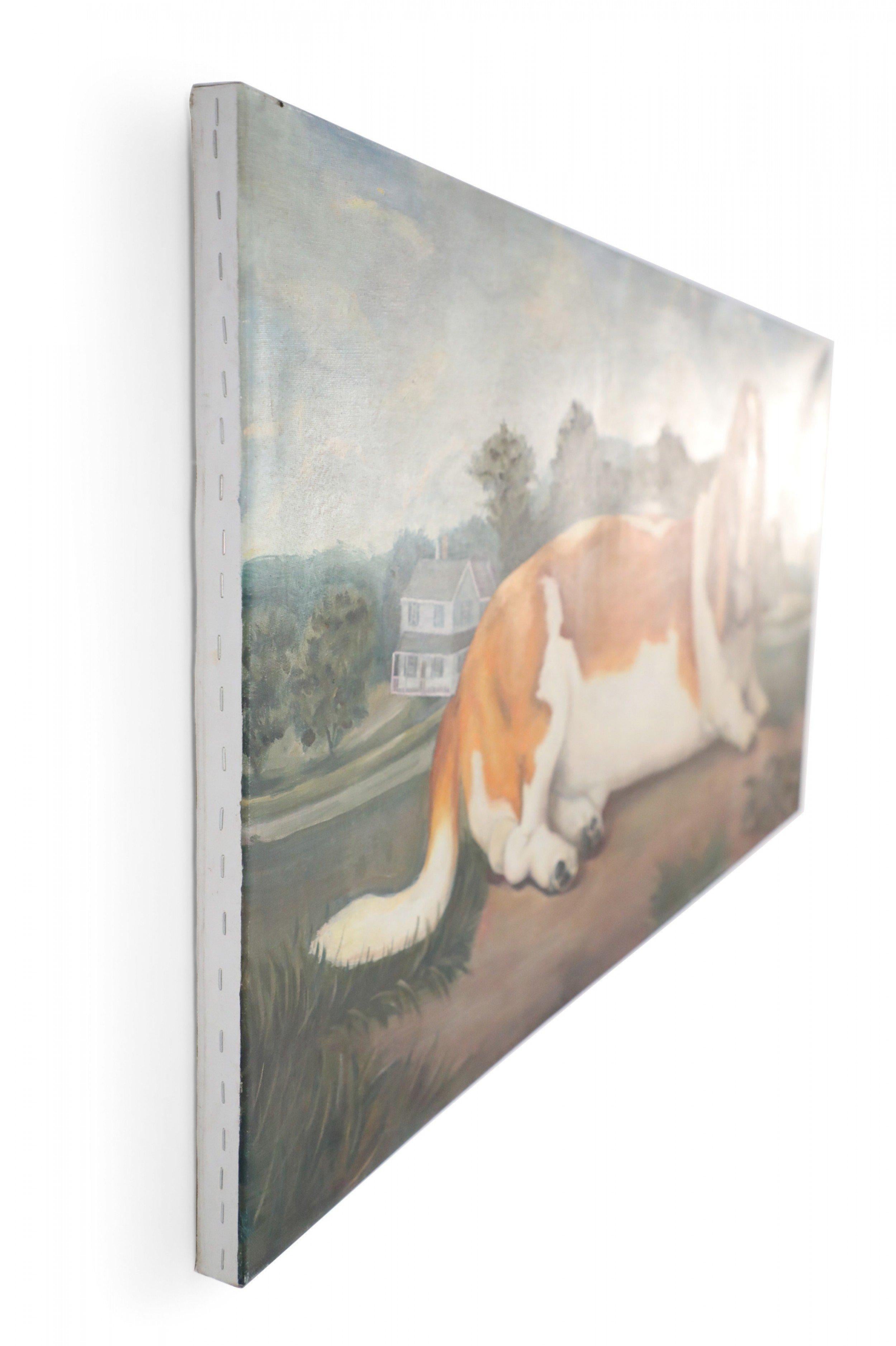 Porträt eines Basset-Hunds in Natur, Gemälde auf Leinwand (Moderne der Mitte des Jahrhunderts) im Angebot