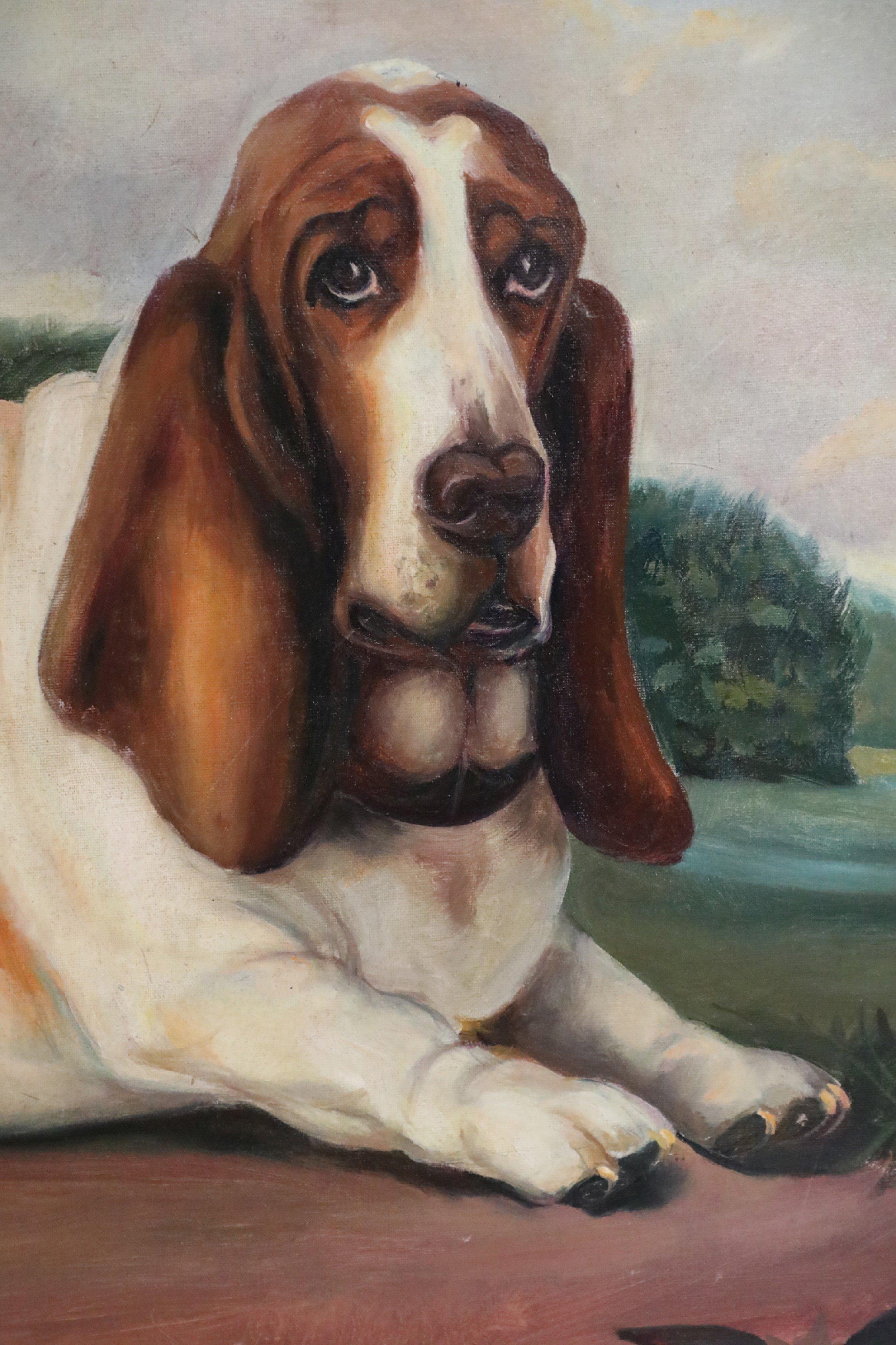 Mid-Century Modern Portrait d'un chien de basset dans la nature, peinture sur toile en vente