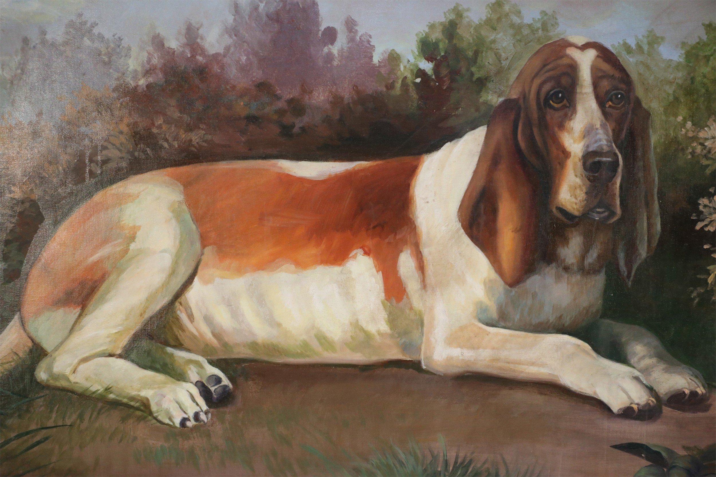 American Portrait of a Basset Hound in Nature Painting on Canvas For Sale